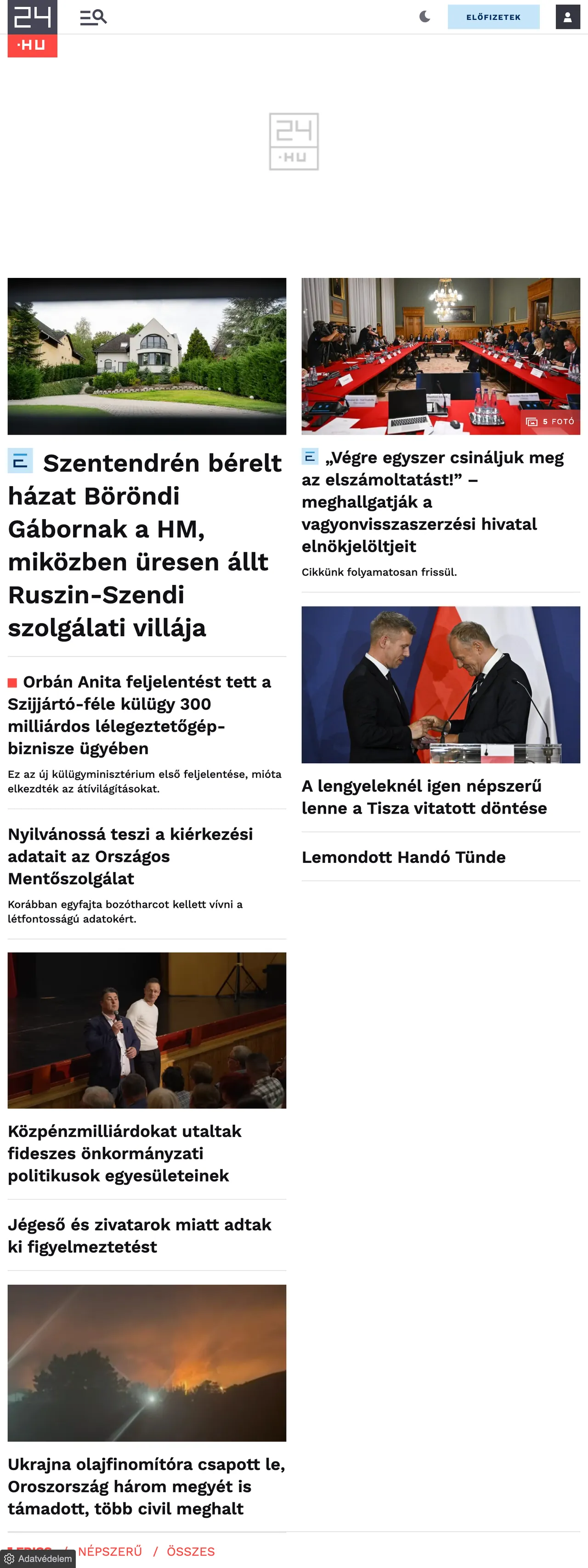 Screenshot of the 24.hu front page