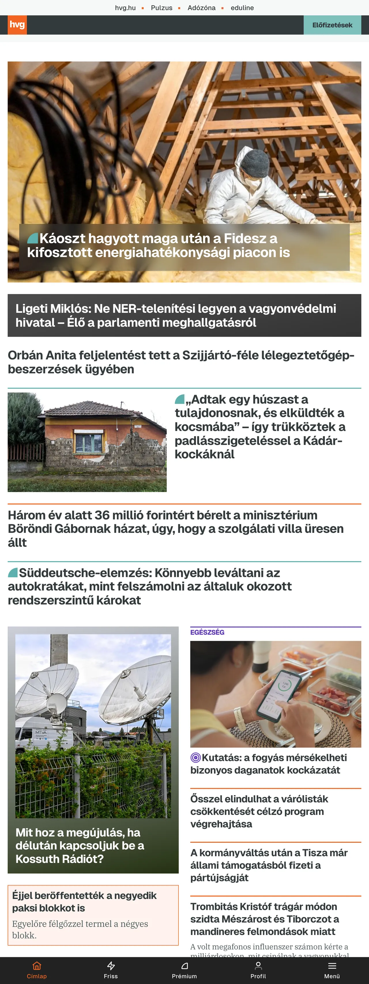 Screenshot of the HVG front page