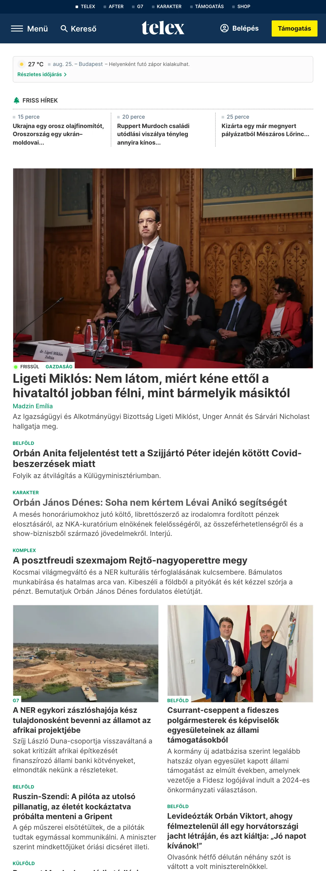 Screenshot of the Telex front page