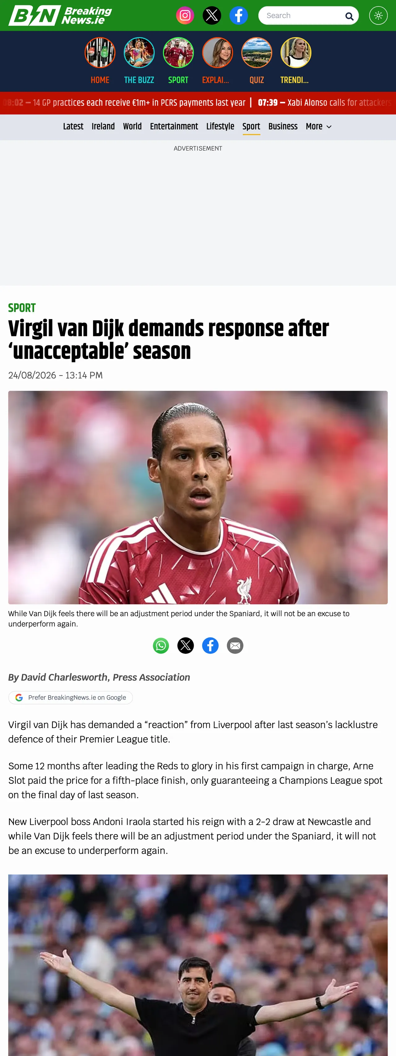 Screenshot of the BreakingNews.ie front page