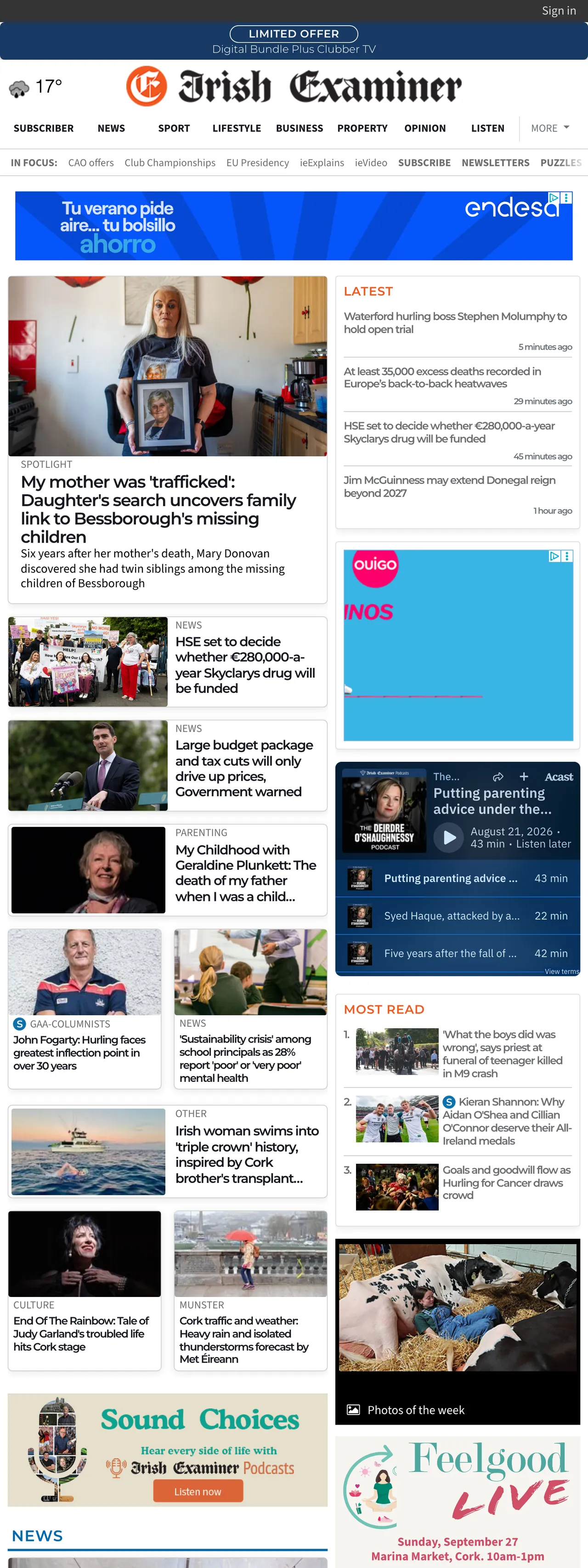 Screenshot of the Irish Examiner front page