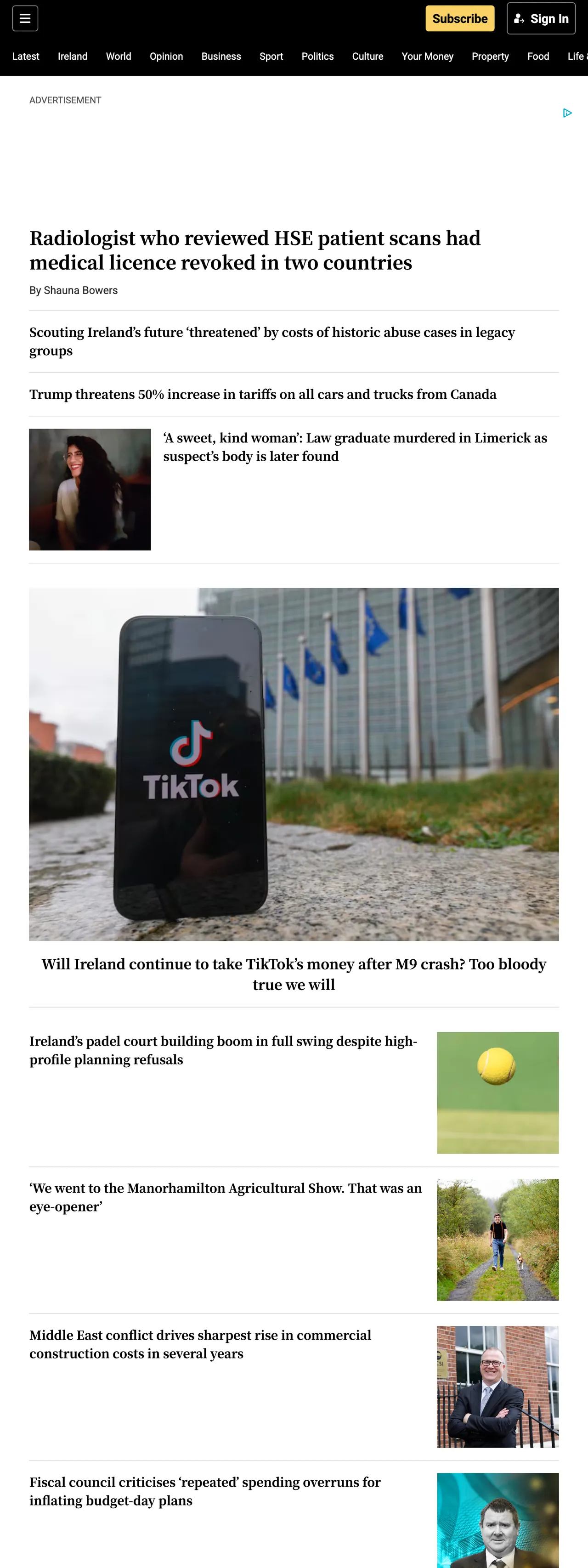 Screenshot of the The Irish Times front page