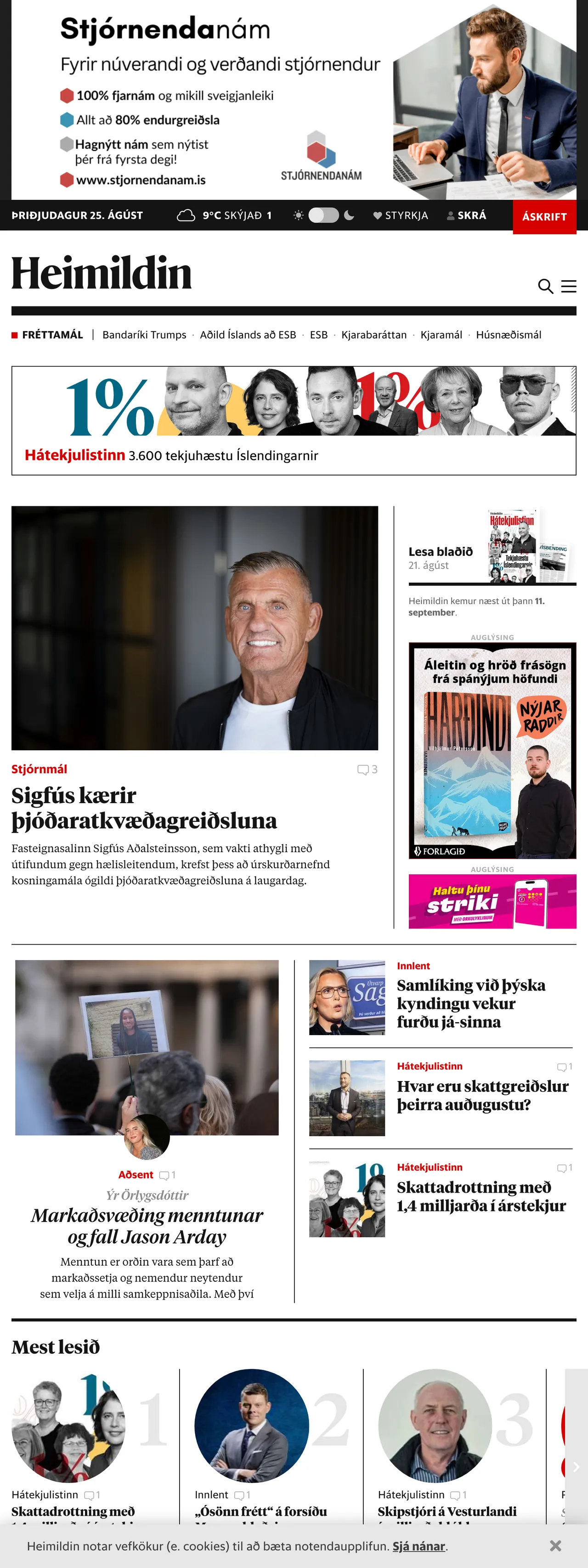 Screenshot of the Heimildin front page
