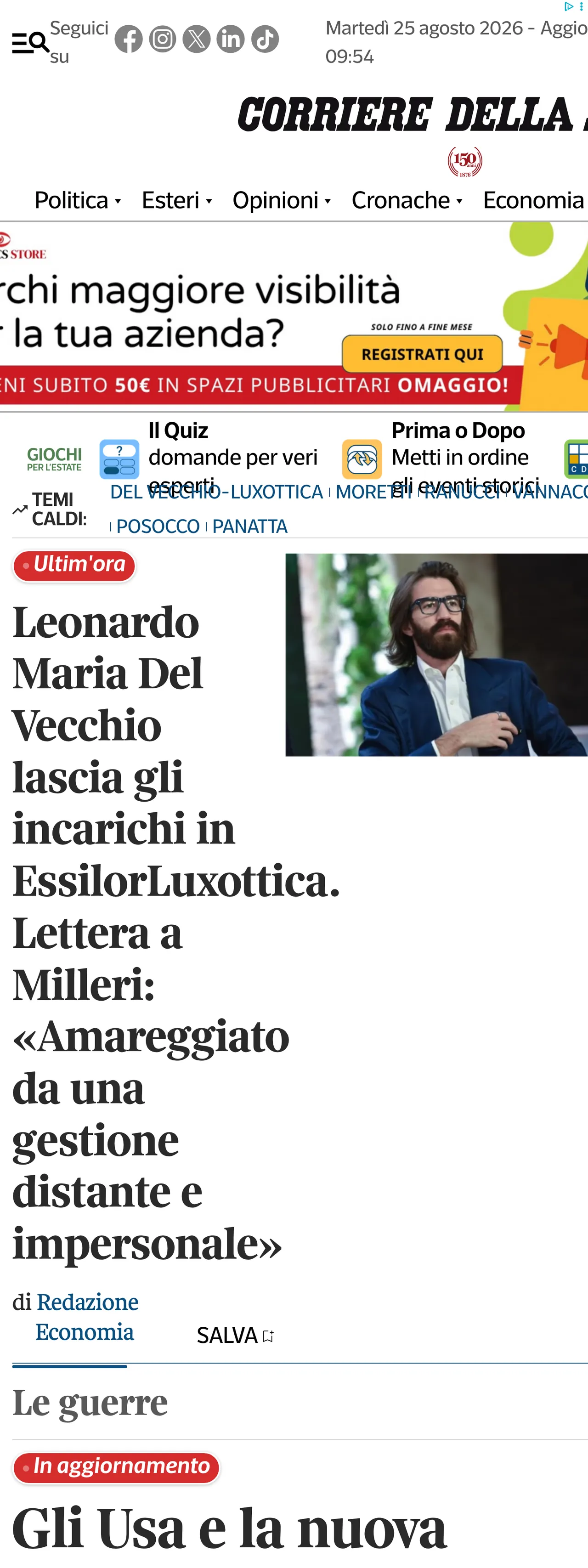 Screenshot of the Corriere della Sera front page