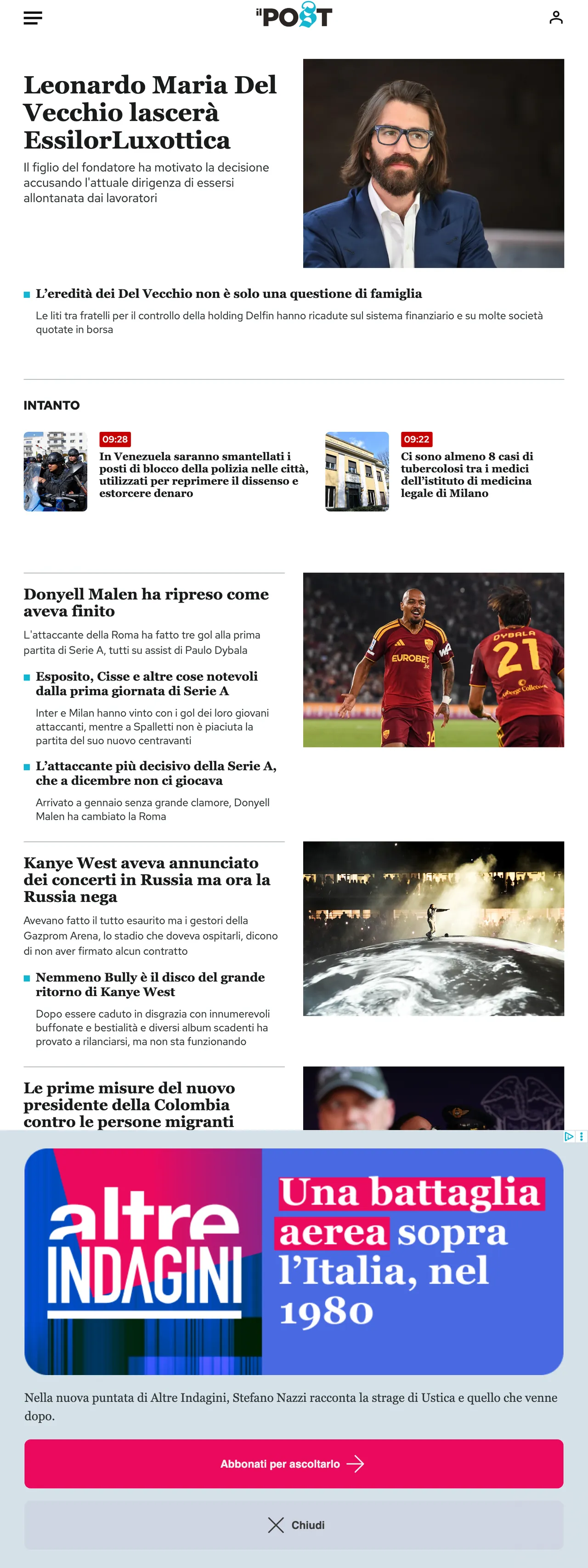 Screenshot of the Il Post front page