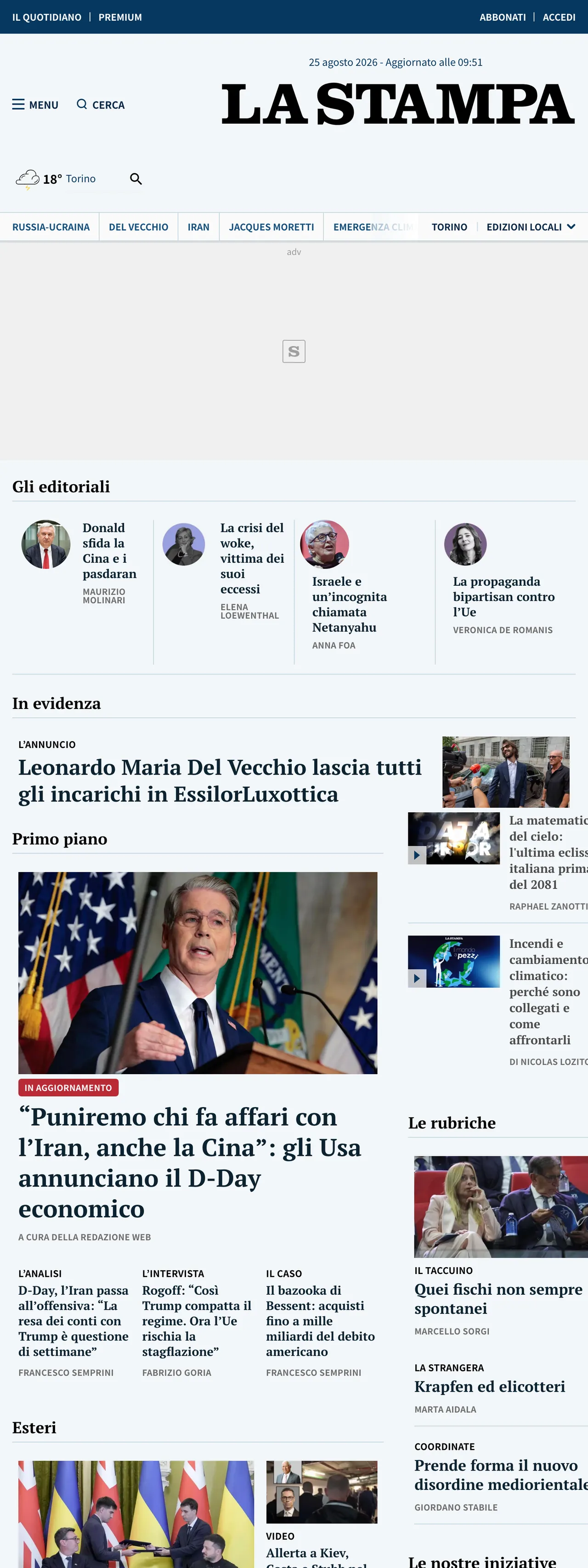 Screenshot of the La Stampa front page