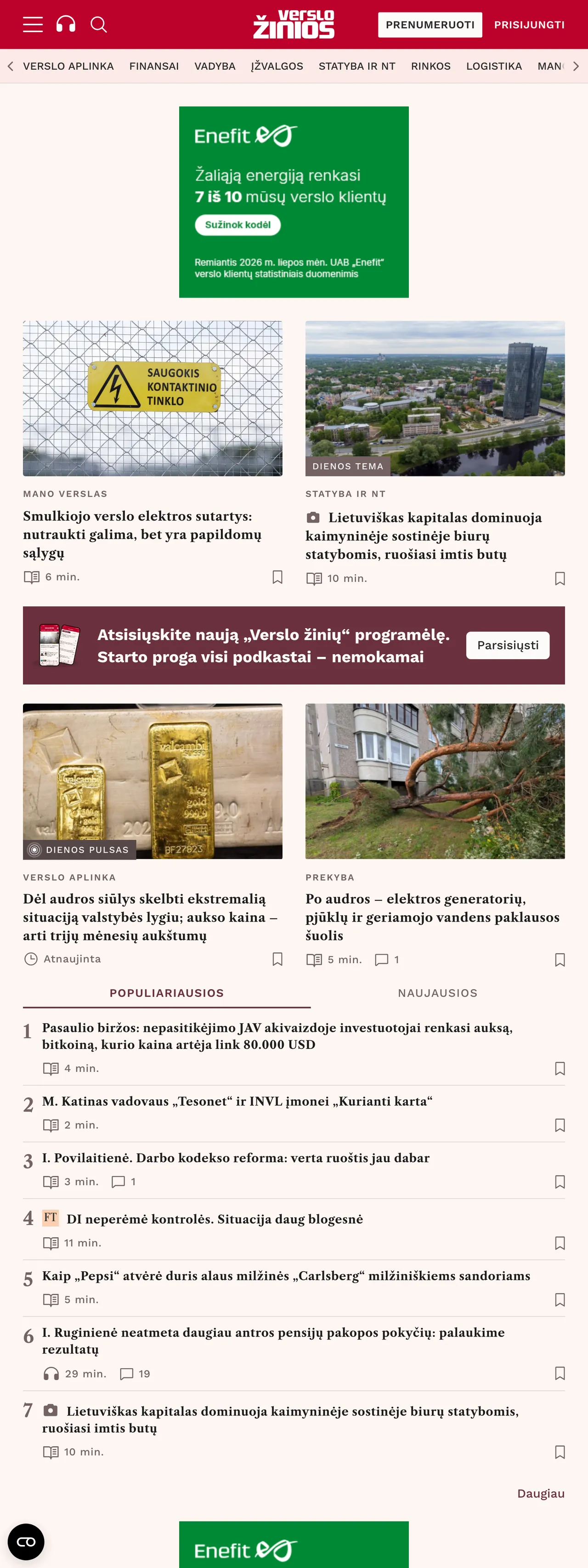 Screenshot of the Verslo žinios front page