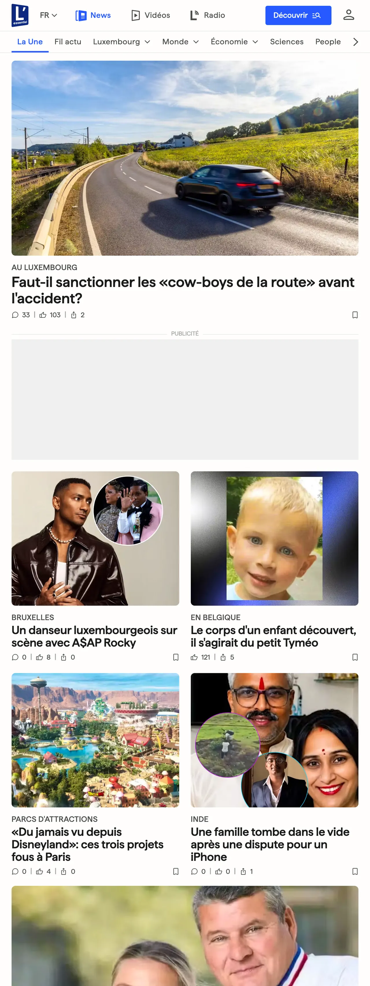 Screenshot of the L'essentiel front page