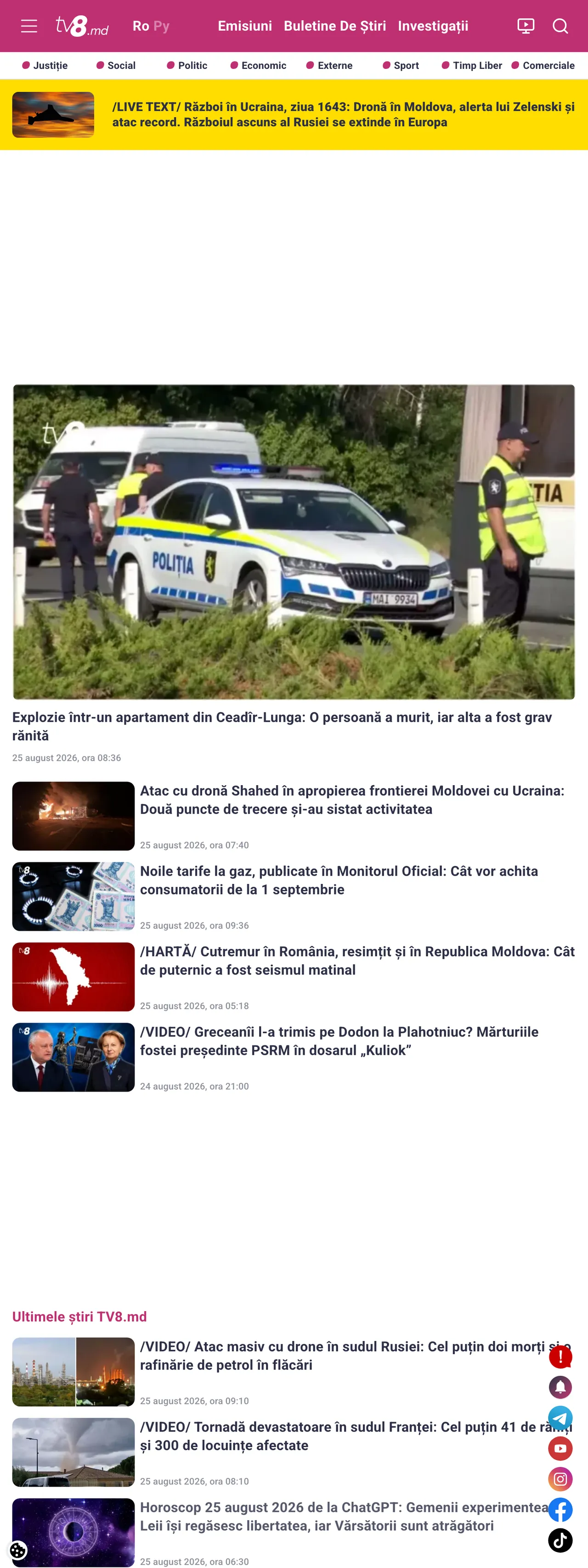 Screenshot of the TV8 front page