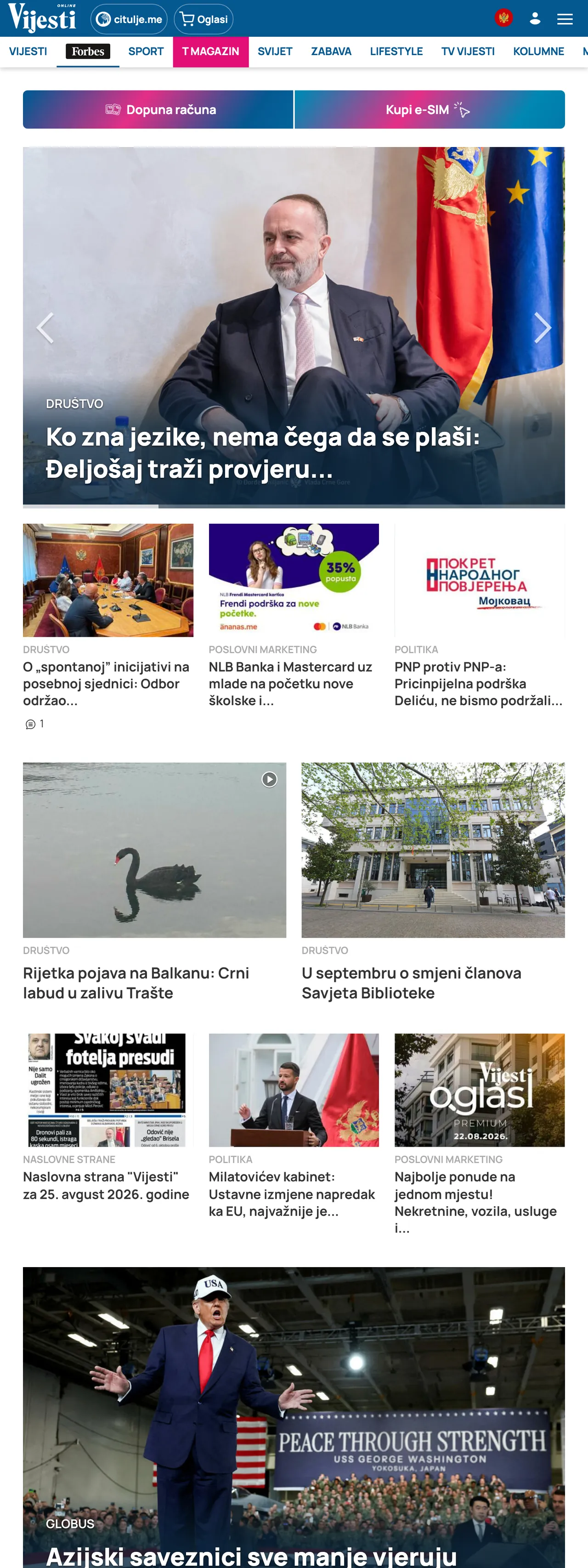 Screenshot of the Vijesti front page
