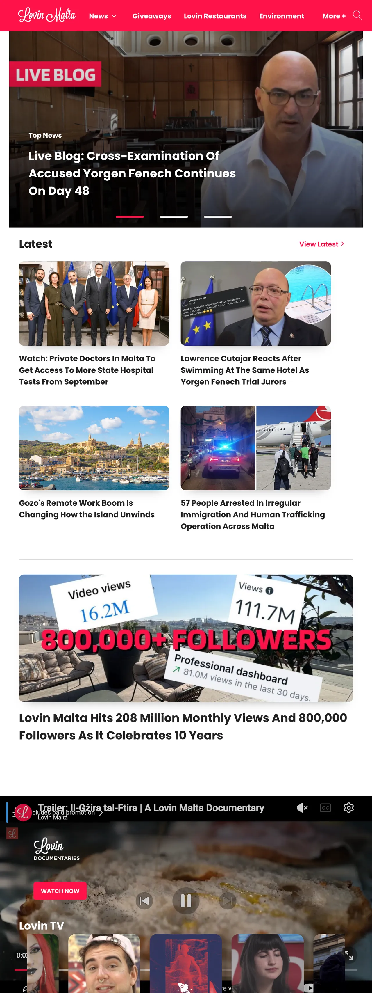 Screenshot of the Lovin Malta front page