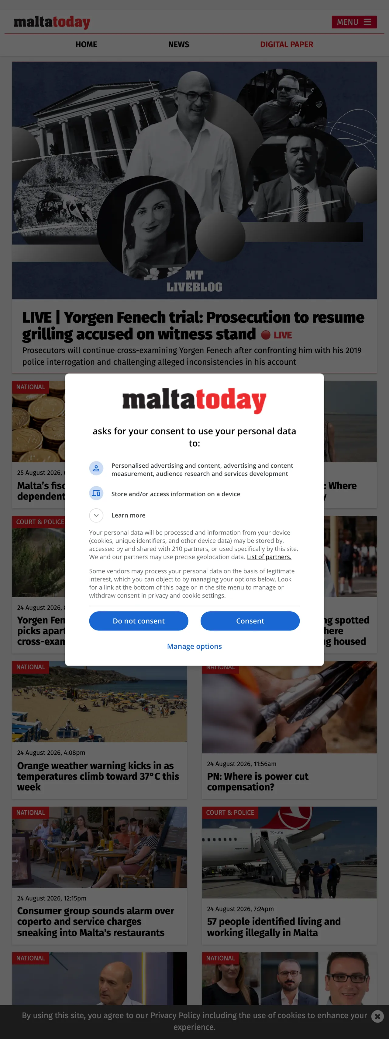 Screenshot of the Malta Today front page