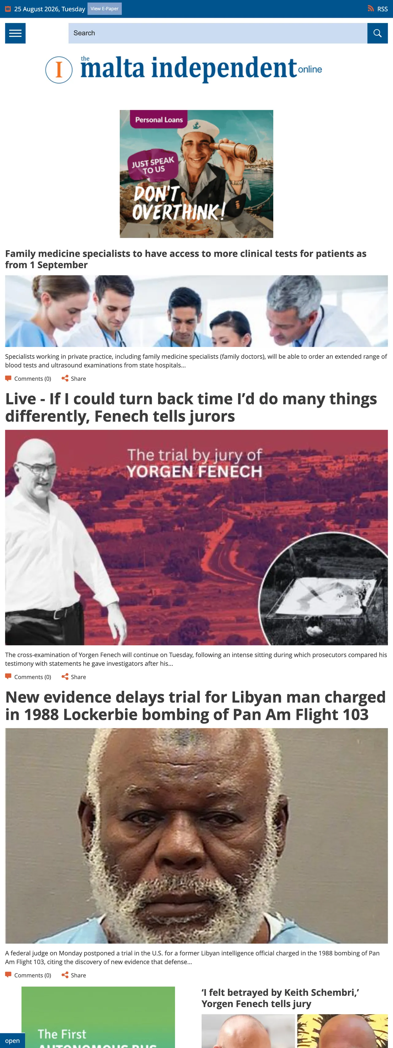 Screenshot of the The Malta Independent front page