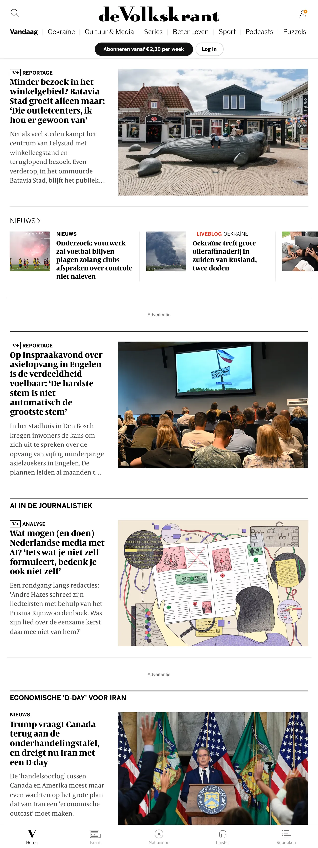 Screenshot of the de Volkskrant front page
