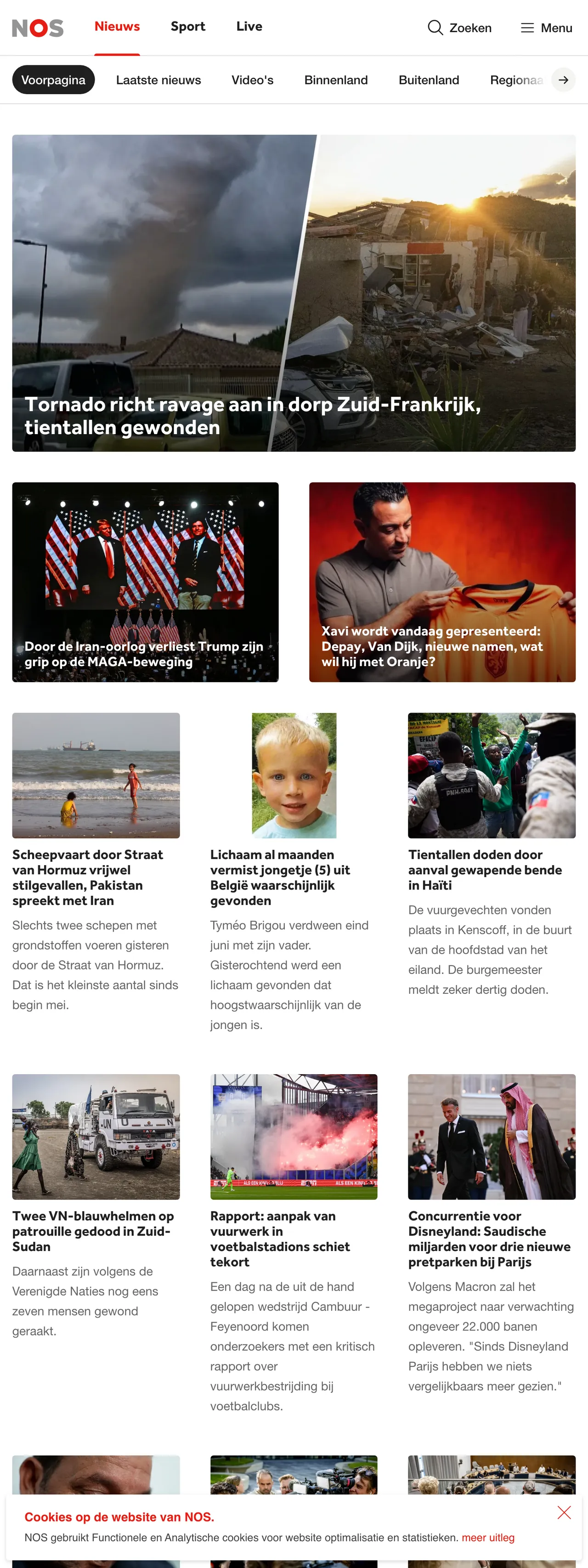 Screenshot of the NOS front page