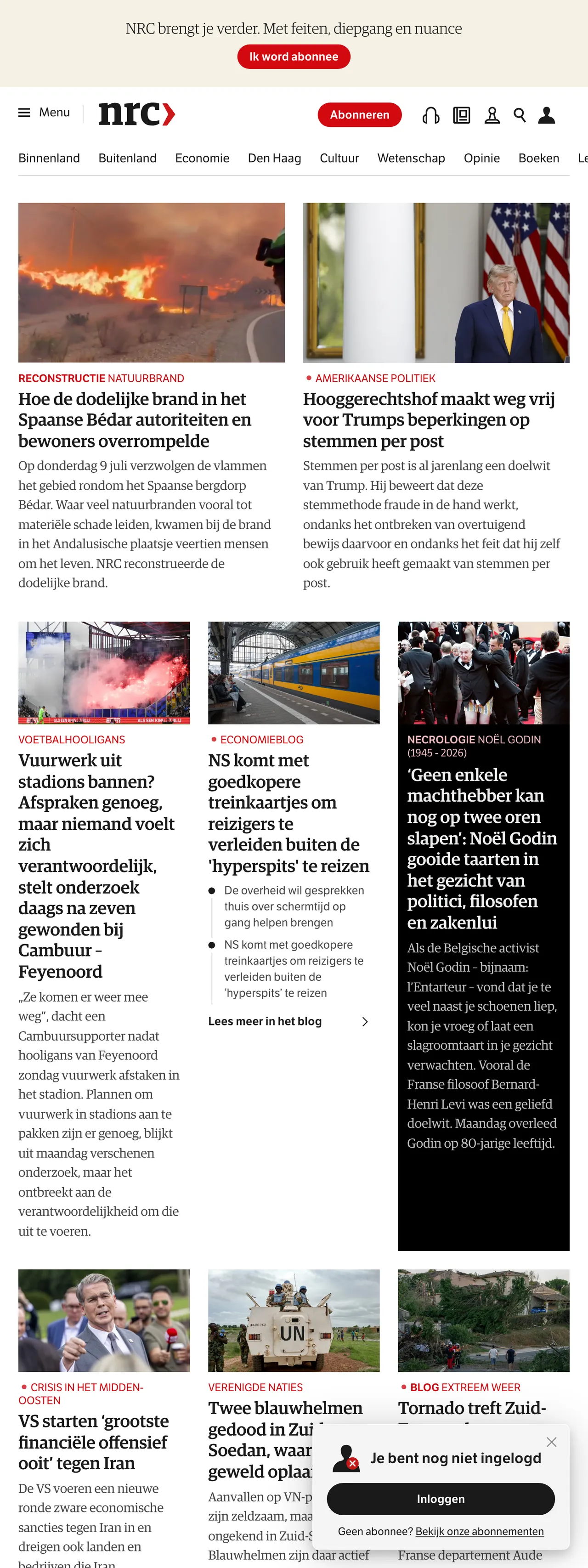 Screenshot of the NRC front page
