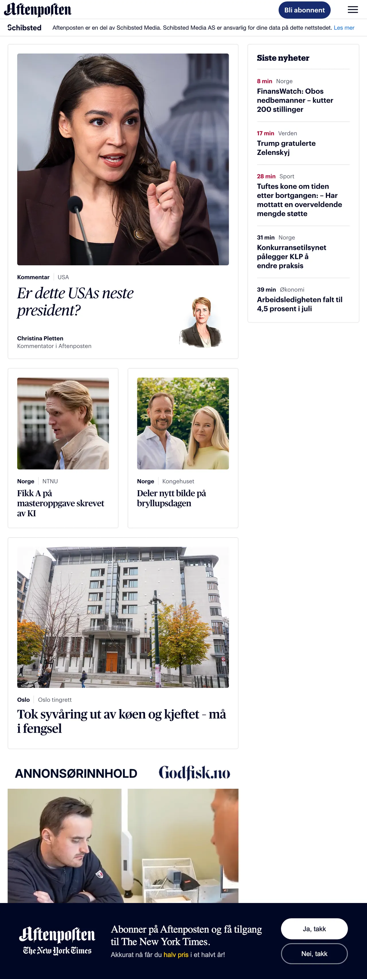 Screenshot of the Aftenposten front page