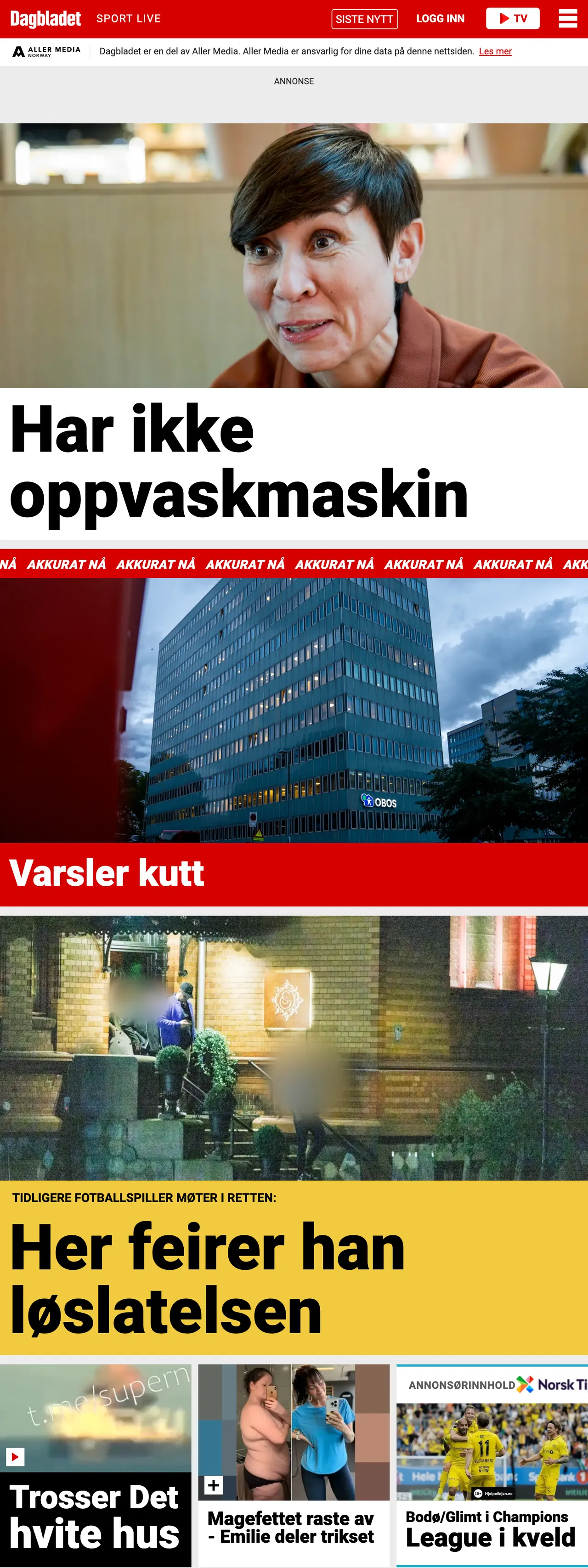 Screenshot of the Dagbladet front page