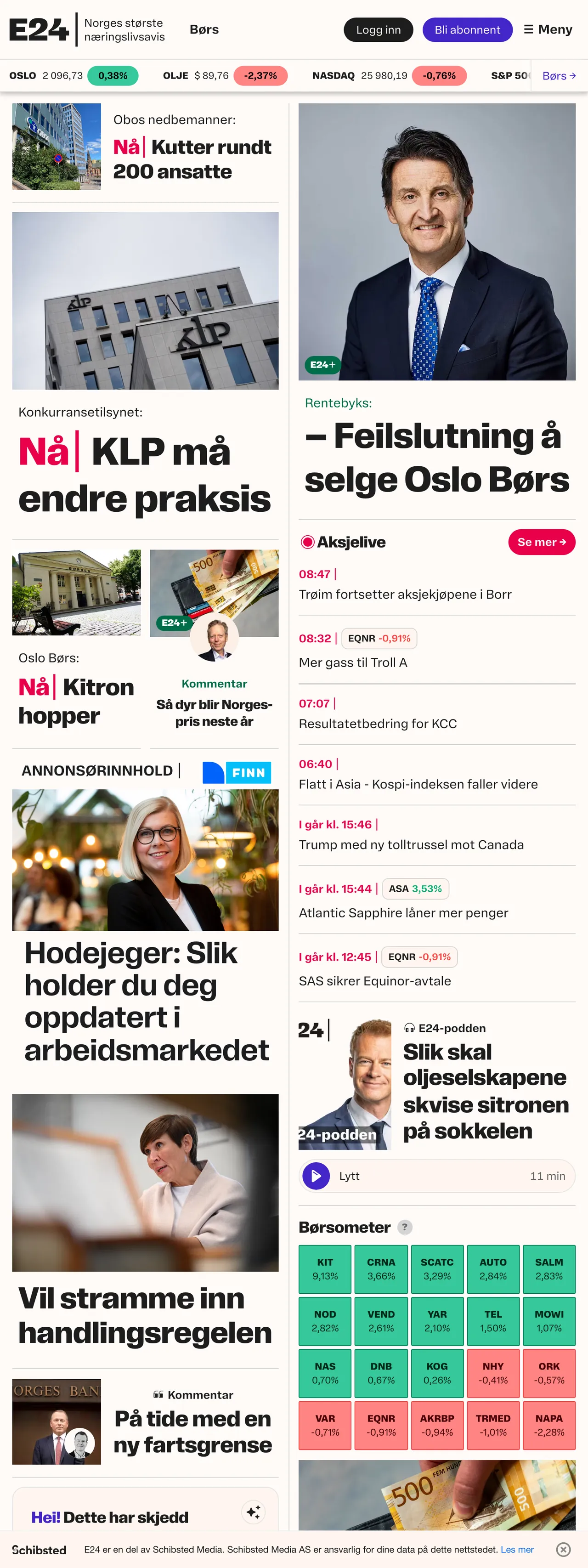 Screenshot of the E24 front page