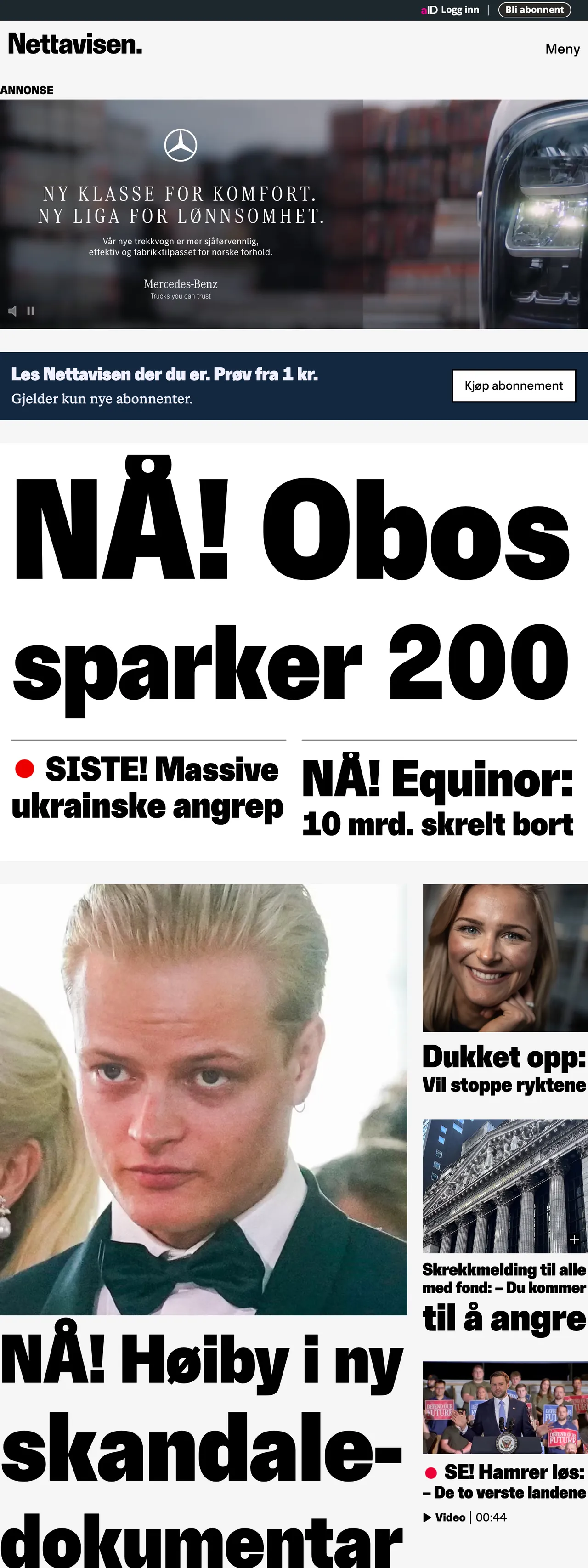 Screenshot of the Nettavisen front page