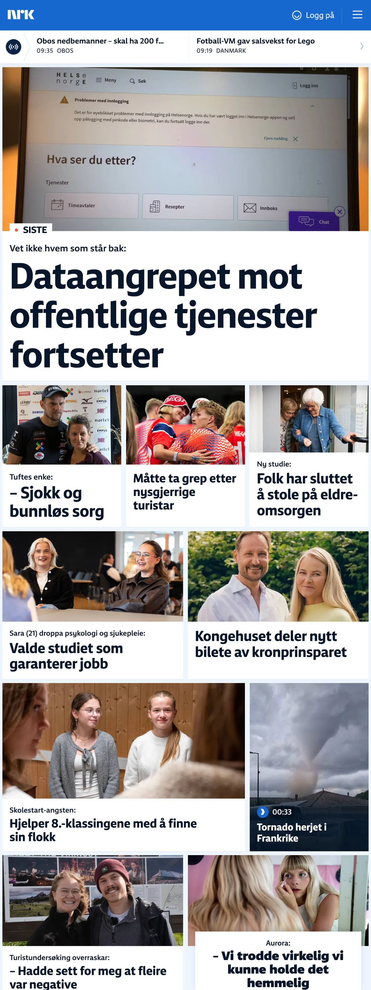 Screenshot of the NRK front page