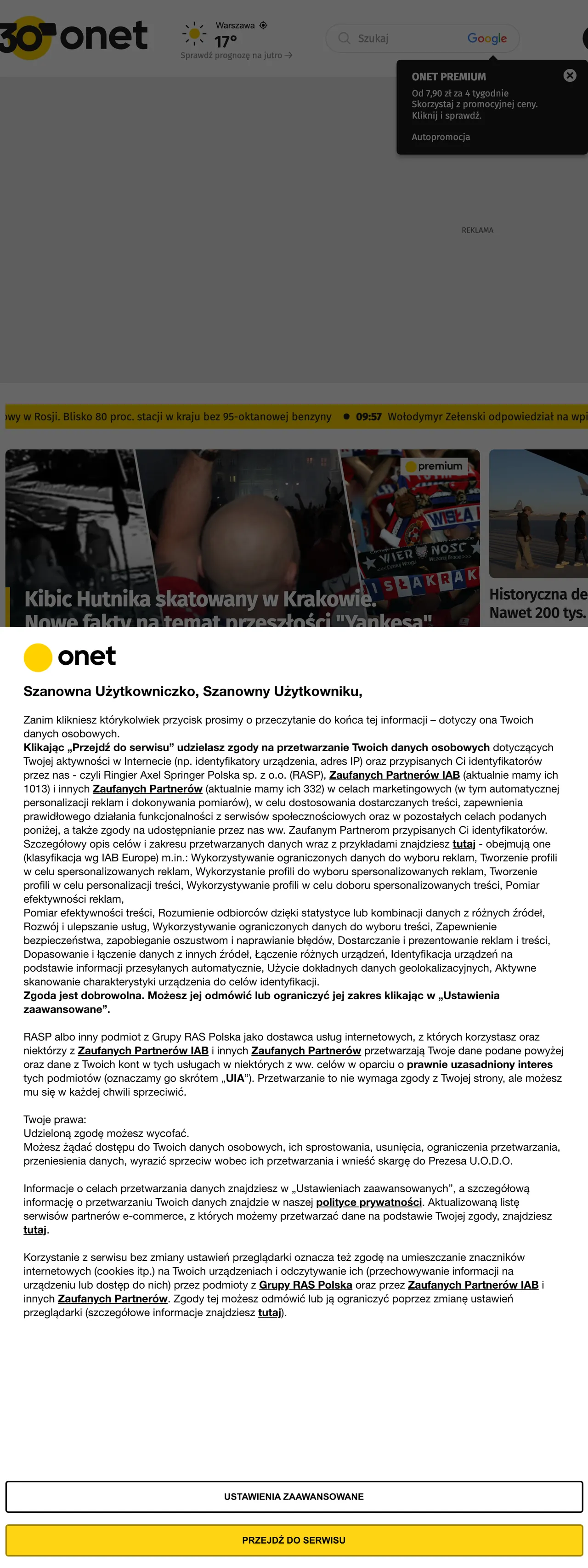 Screenshot of the Onet front page