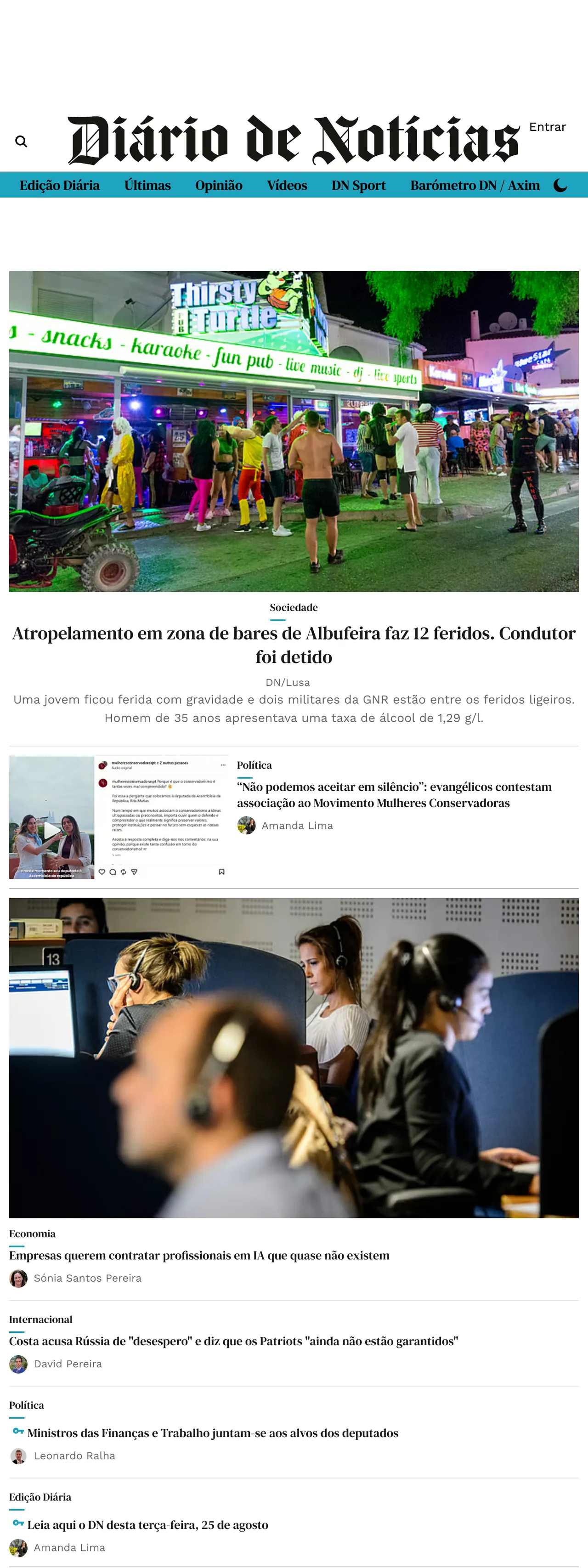 Screenshot of the Diário de Notícias front page
