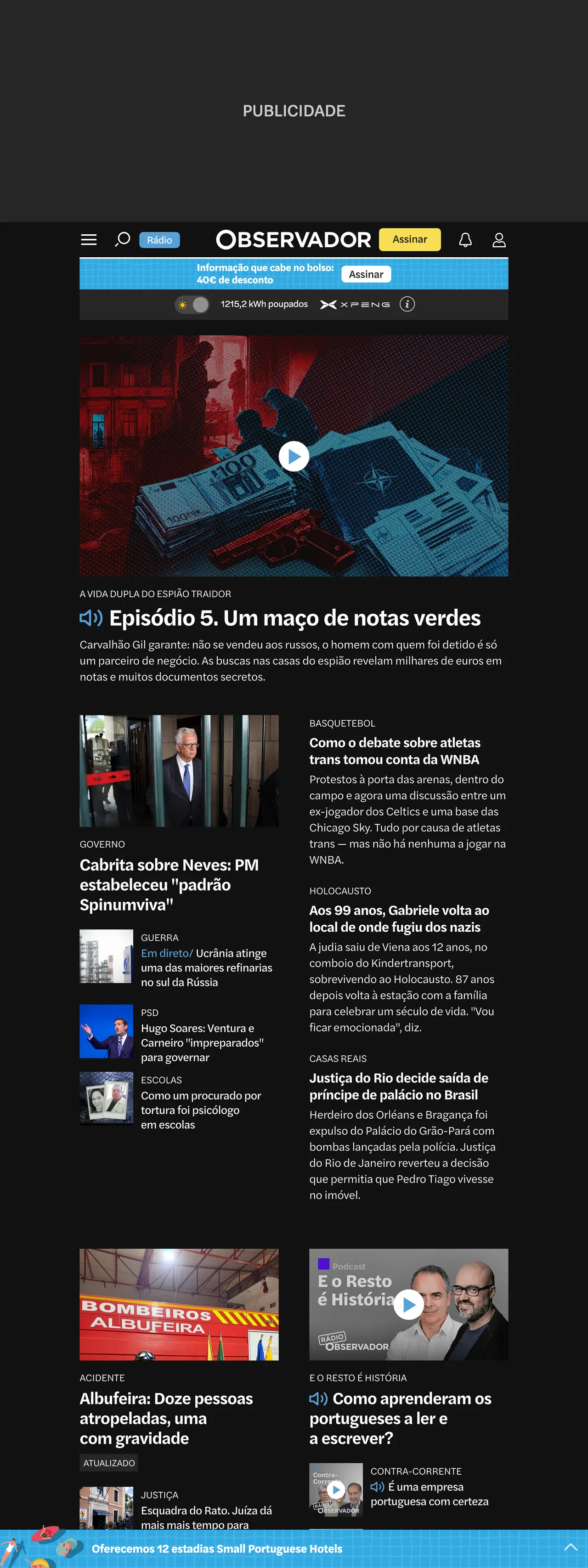 Screenshot of the Observador front page