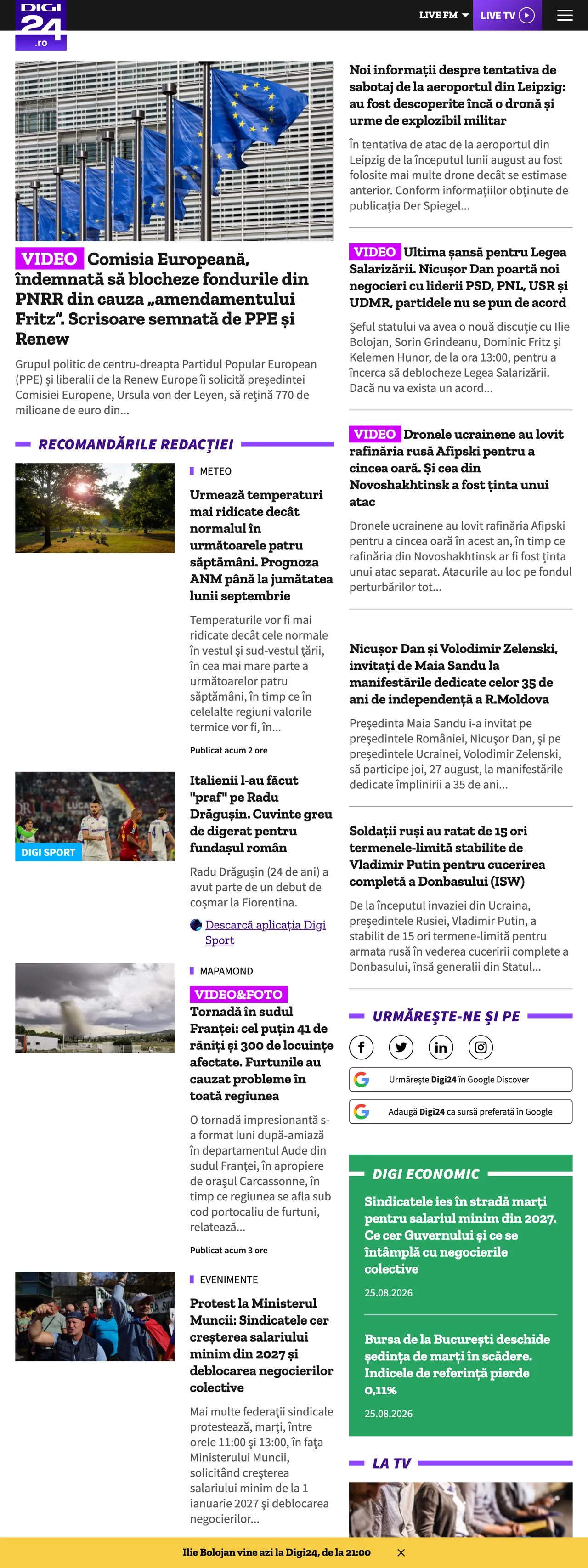 Screenshot of the Digi24 front page