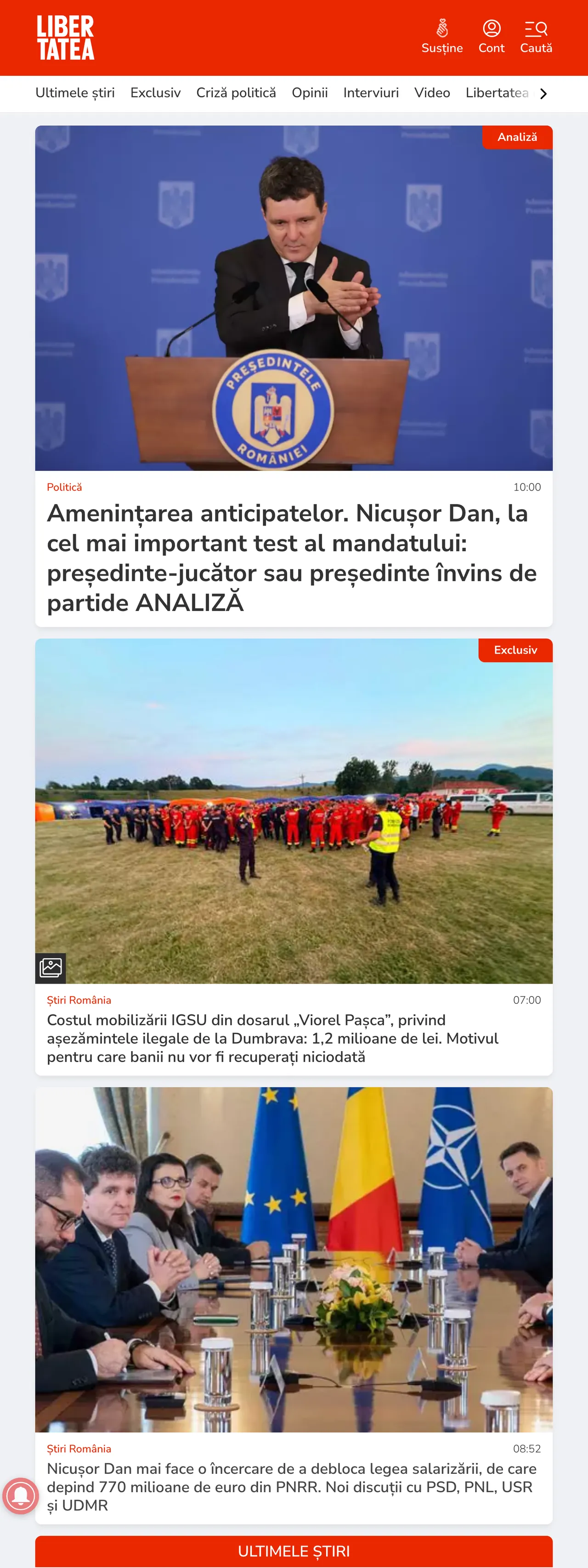 Screenshot of the Libertatea front page