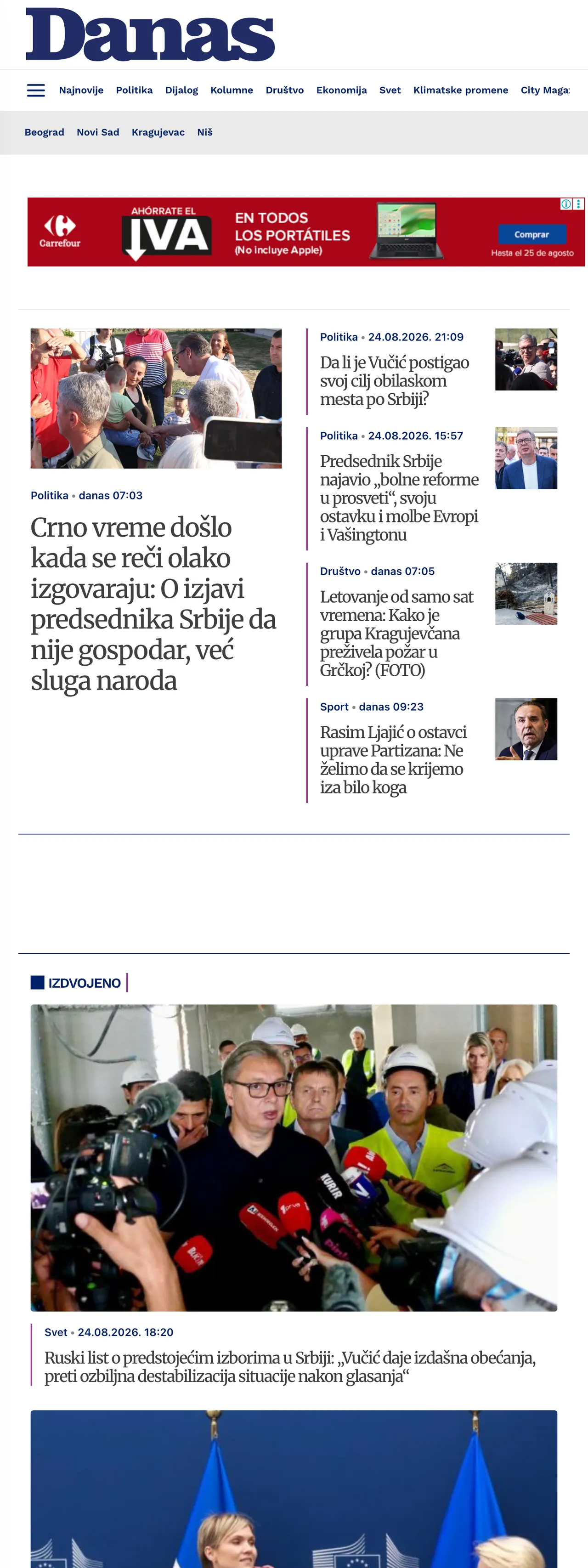 Screenshot of the Danas front page