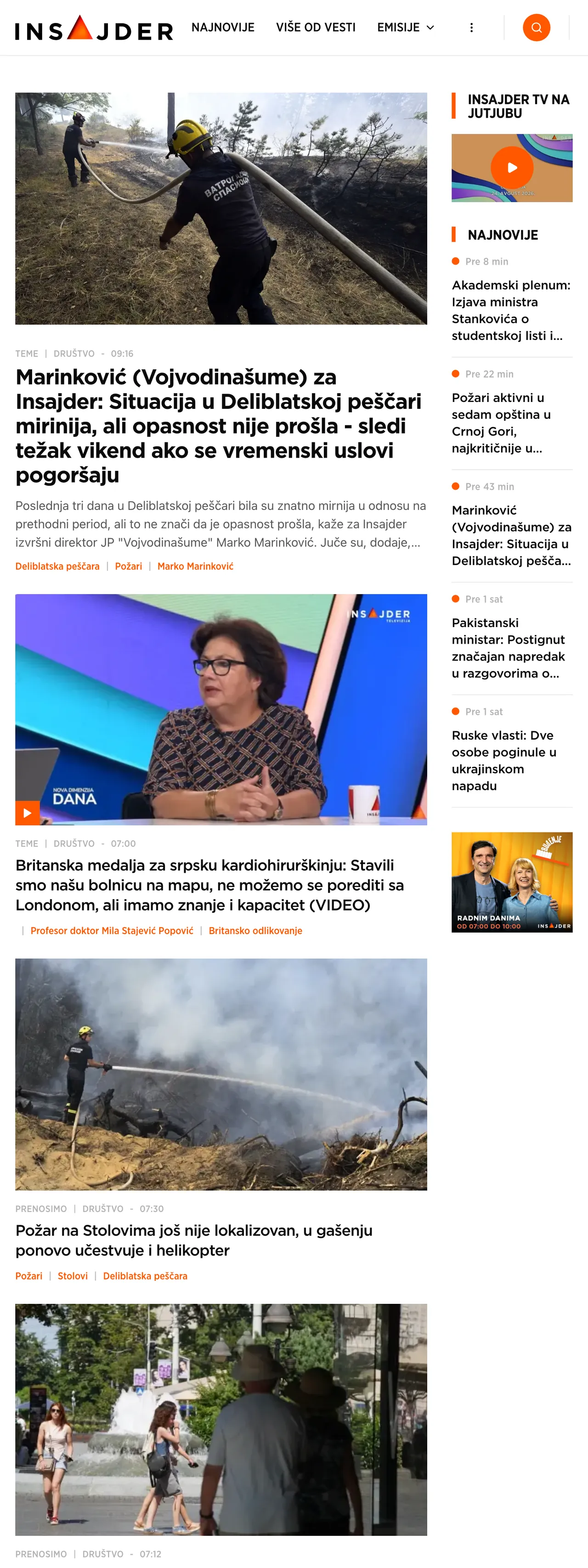 Screenshot of the Insajder front page