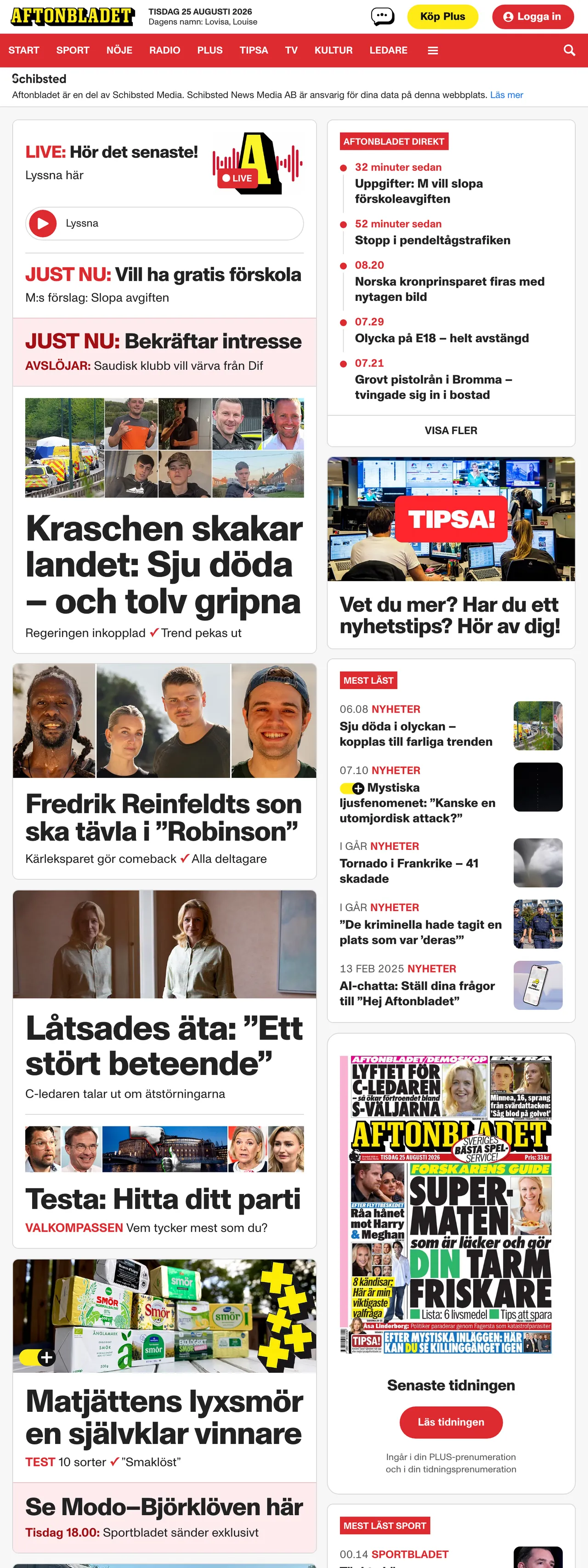 Screenshot of the Aftonbladet front page