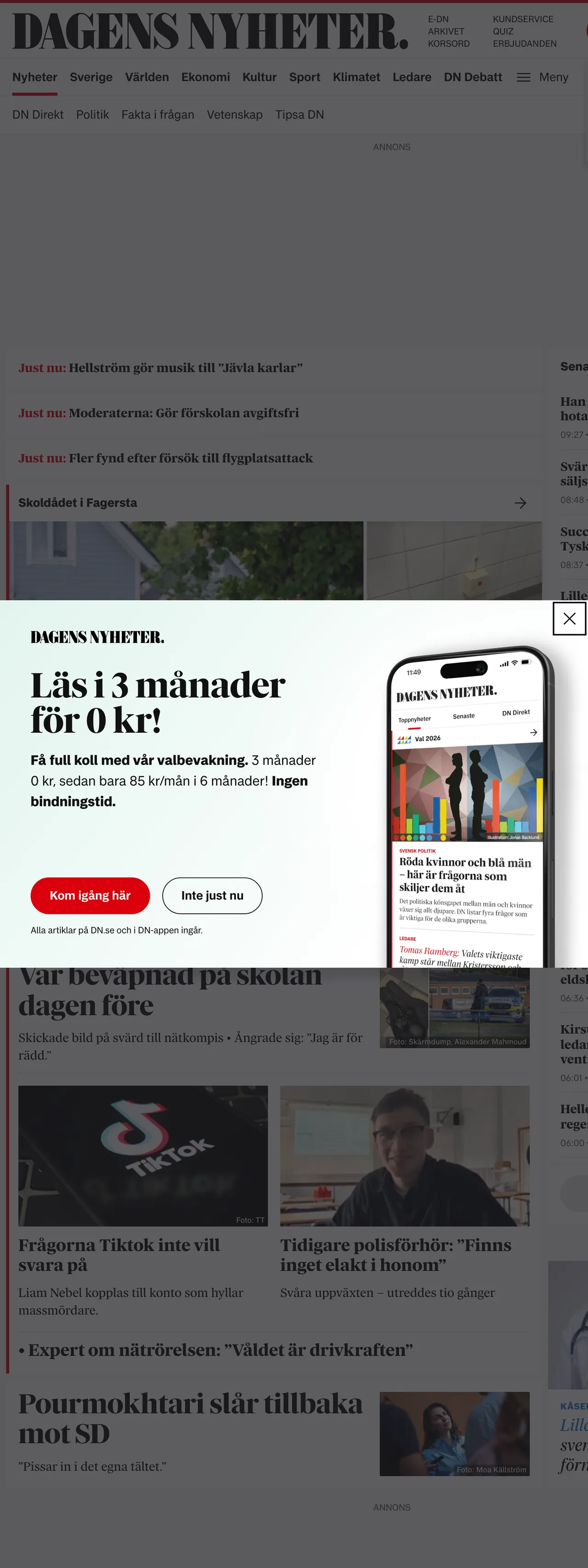 Screenshot of the Dagens Nyheter front page