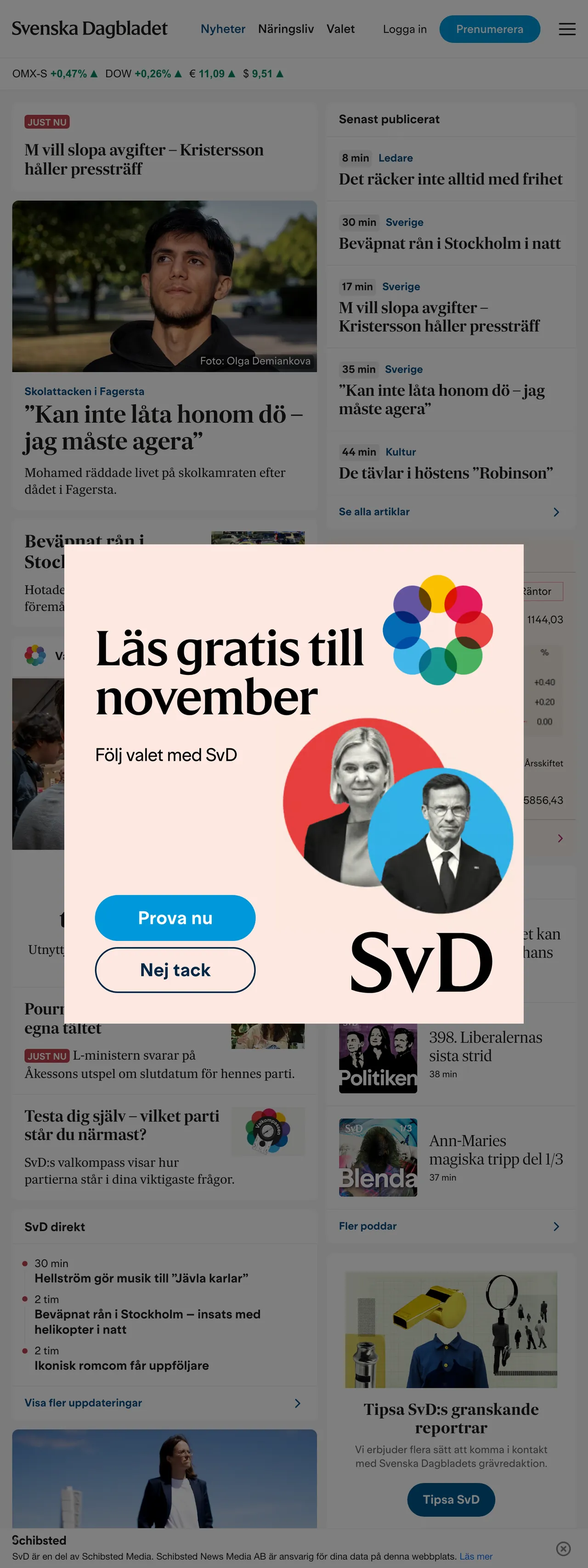 Screenshot of the Svenska Dagbladet front page