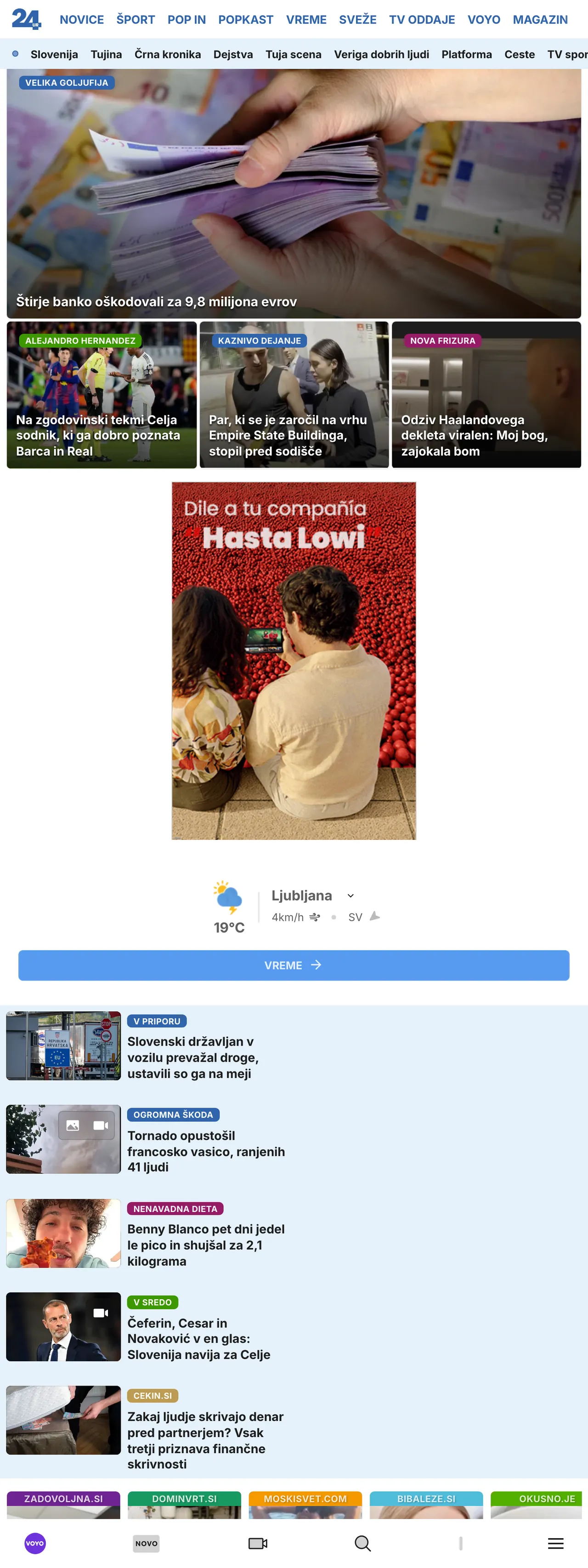 Screenshot of the 24ur front page