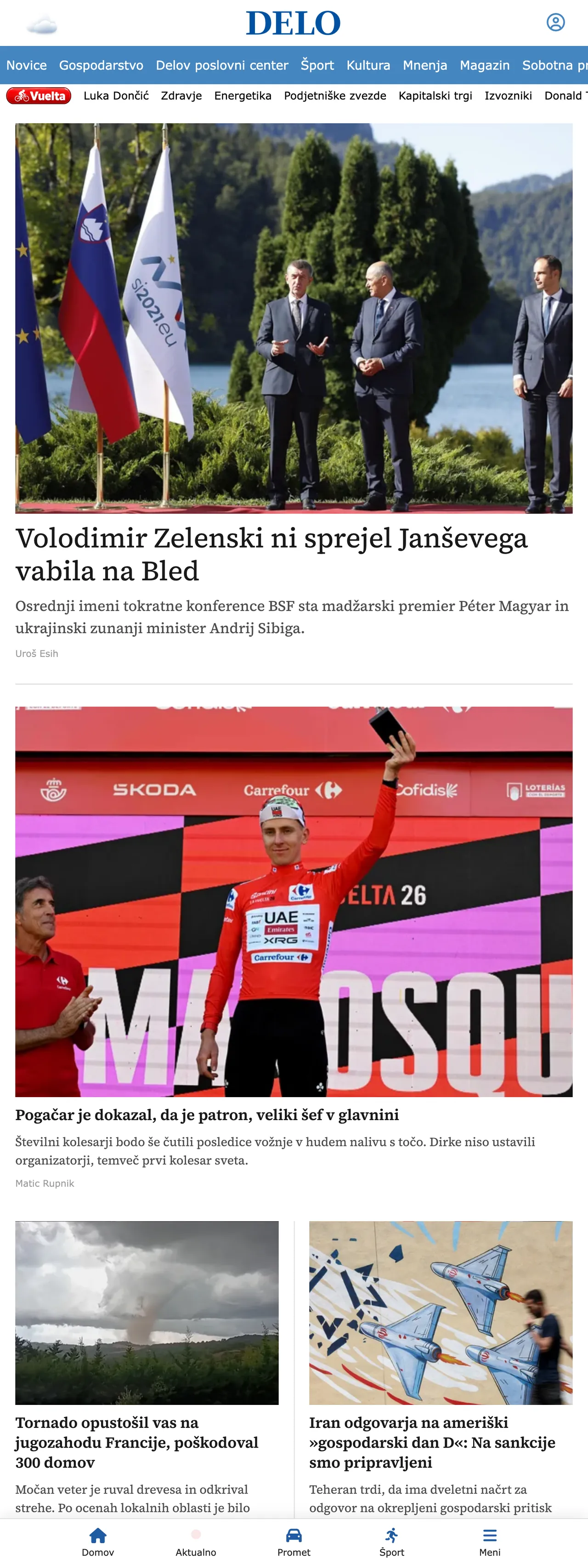 Screenshot of the Delo front page