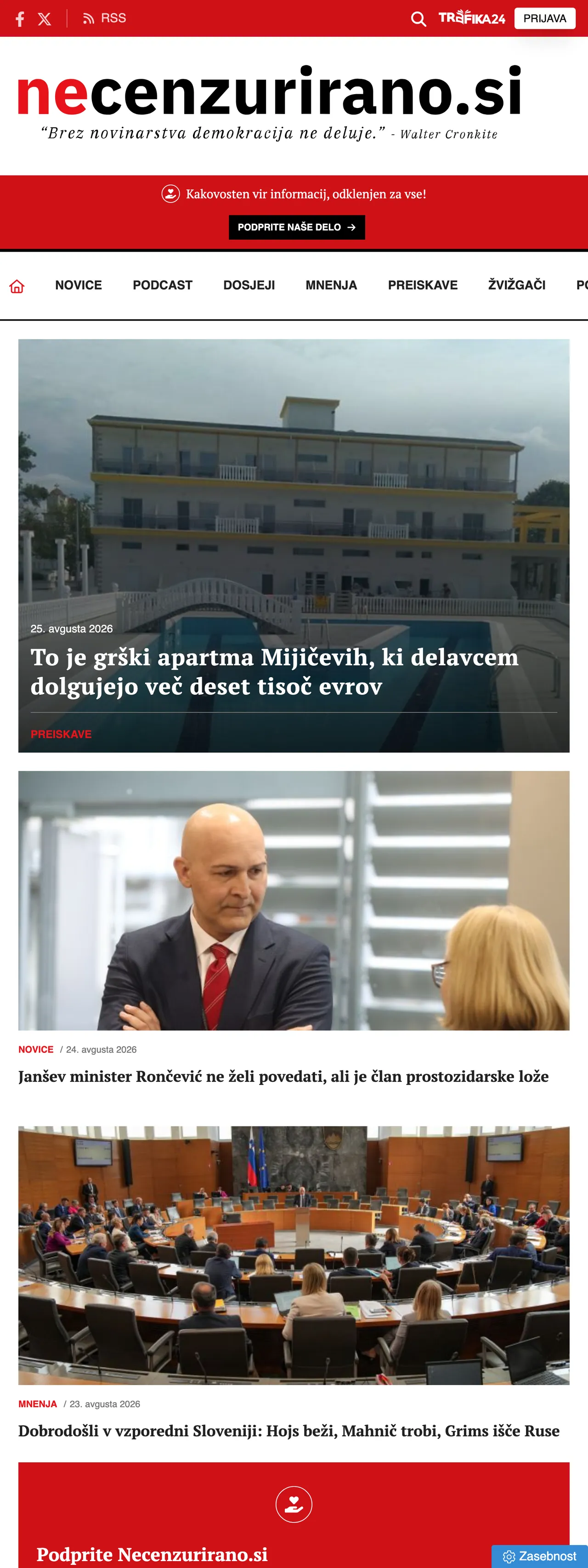 Screenshot of the Necenzurirano front page