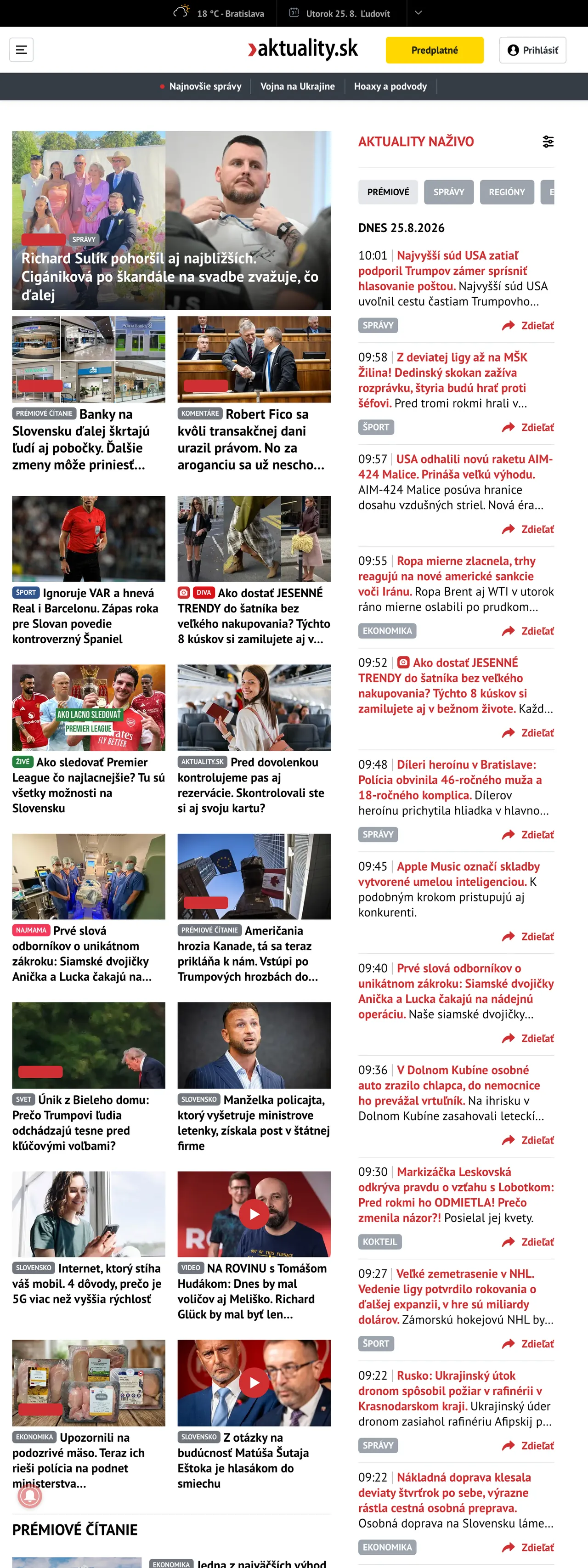 Screenshot of the Aktuality.sk front page