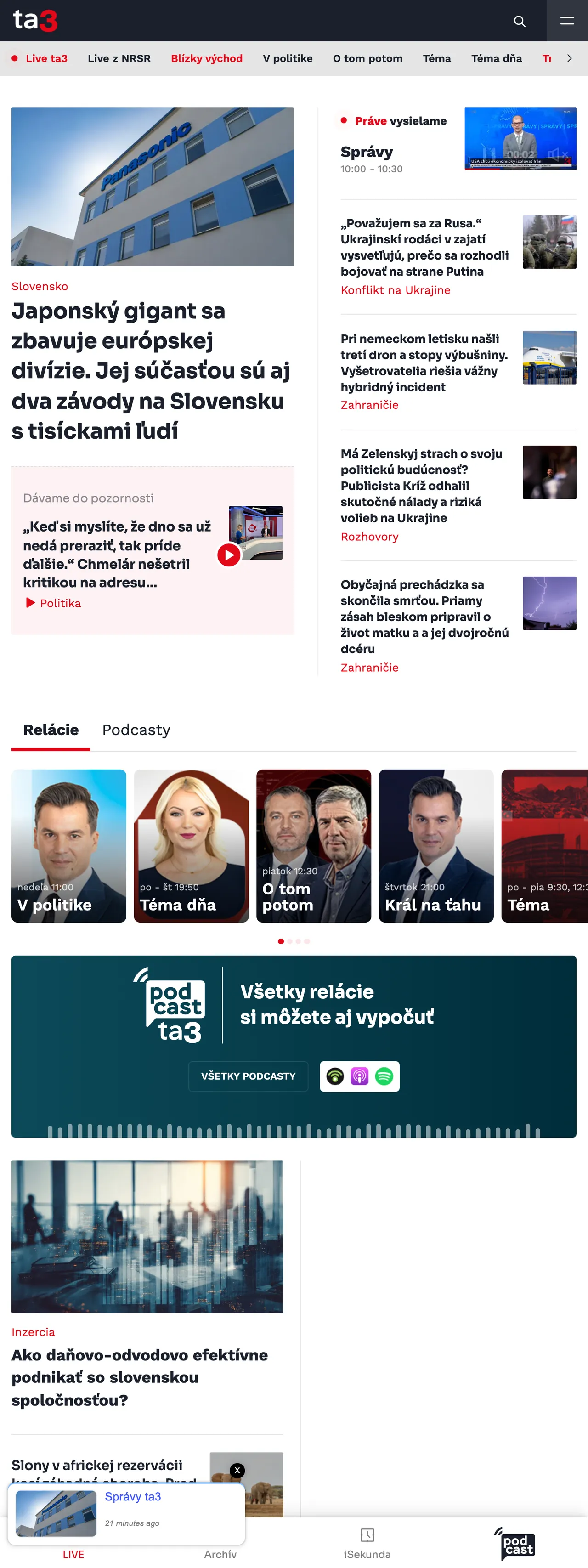 Screenshot of the TA3 front page