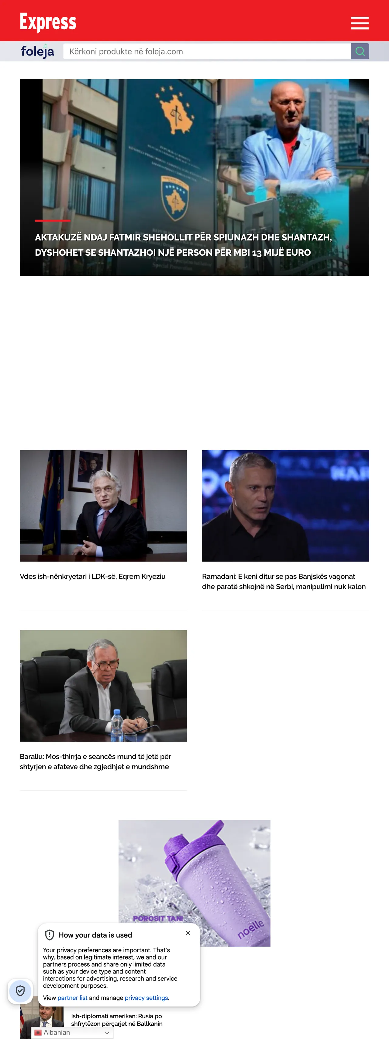 Screenshot of the Gazeta Express front page