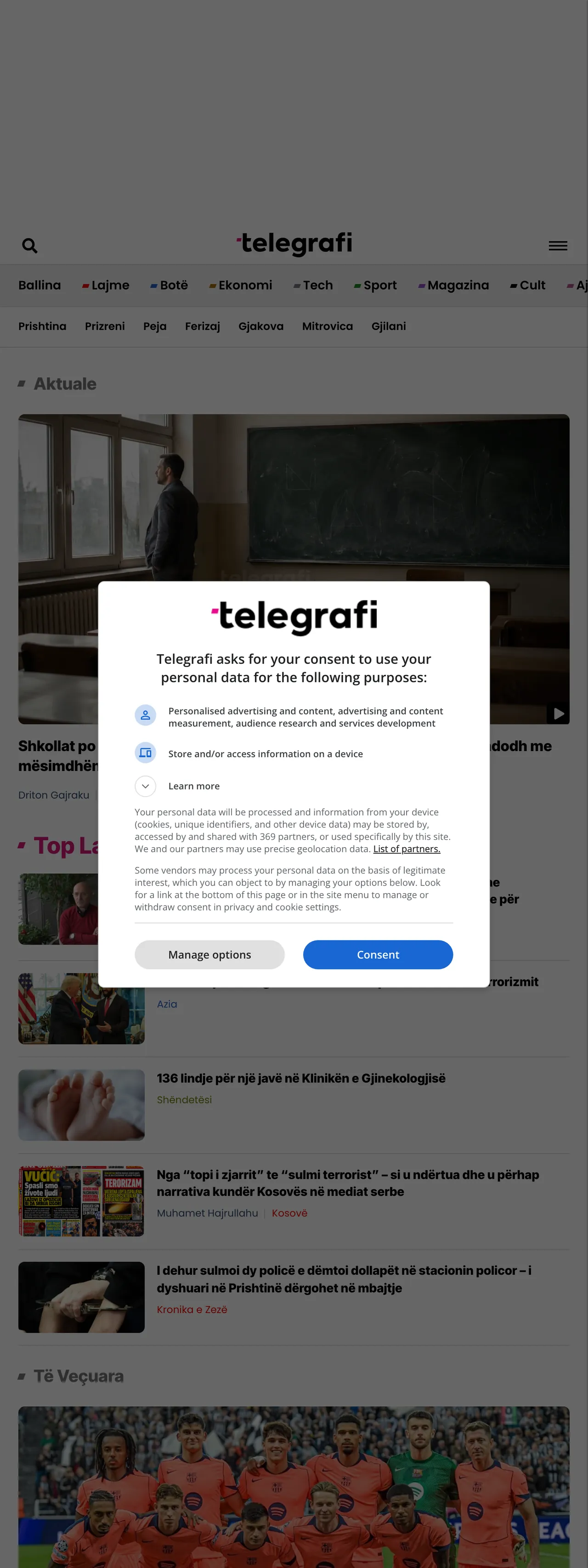 Screenshot of the Telegrafi front page