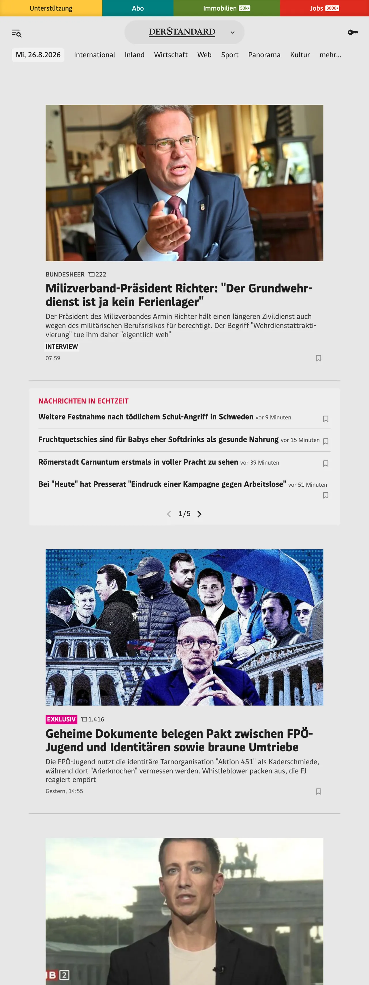 Screenshot of the DER STANDARD front page