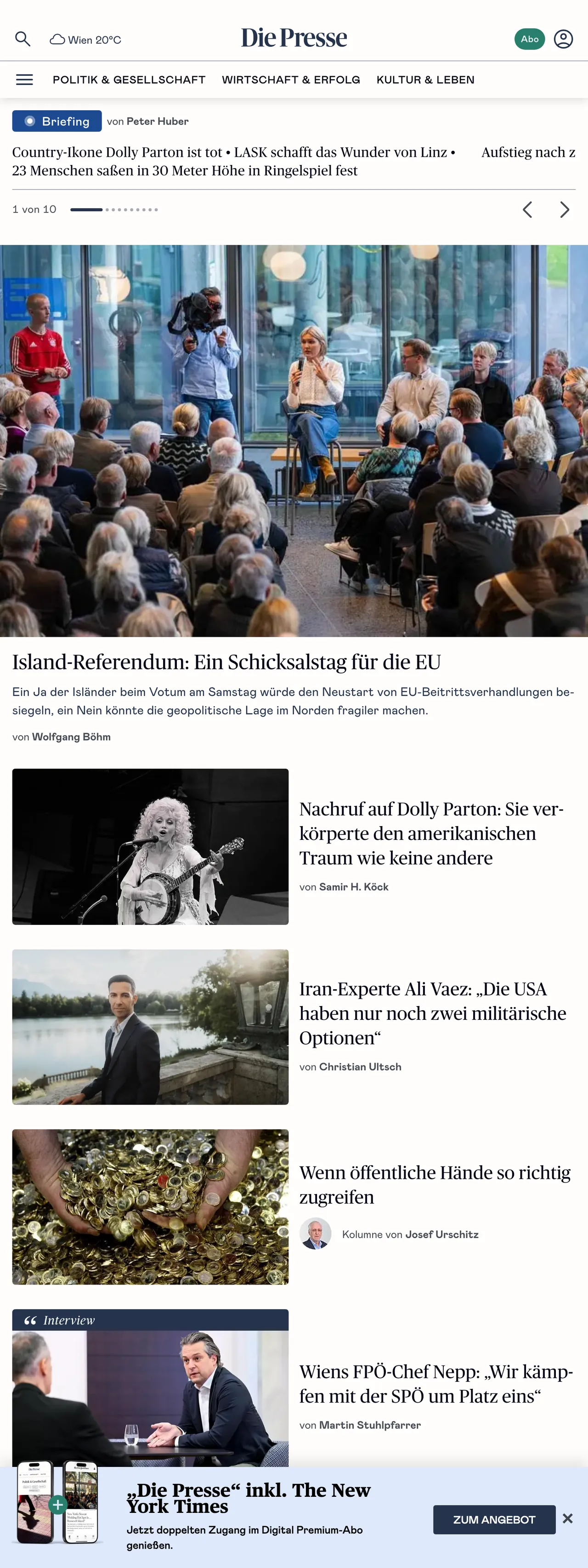 Screenshot of the Die Presse front page