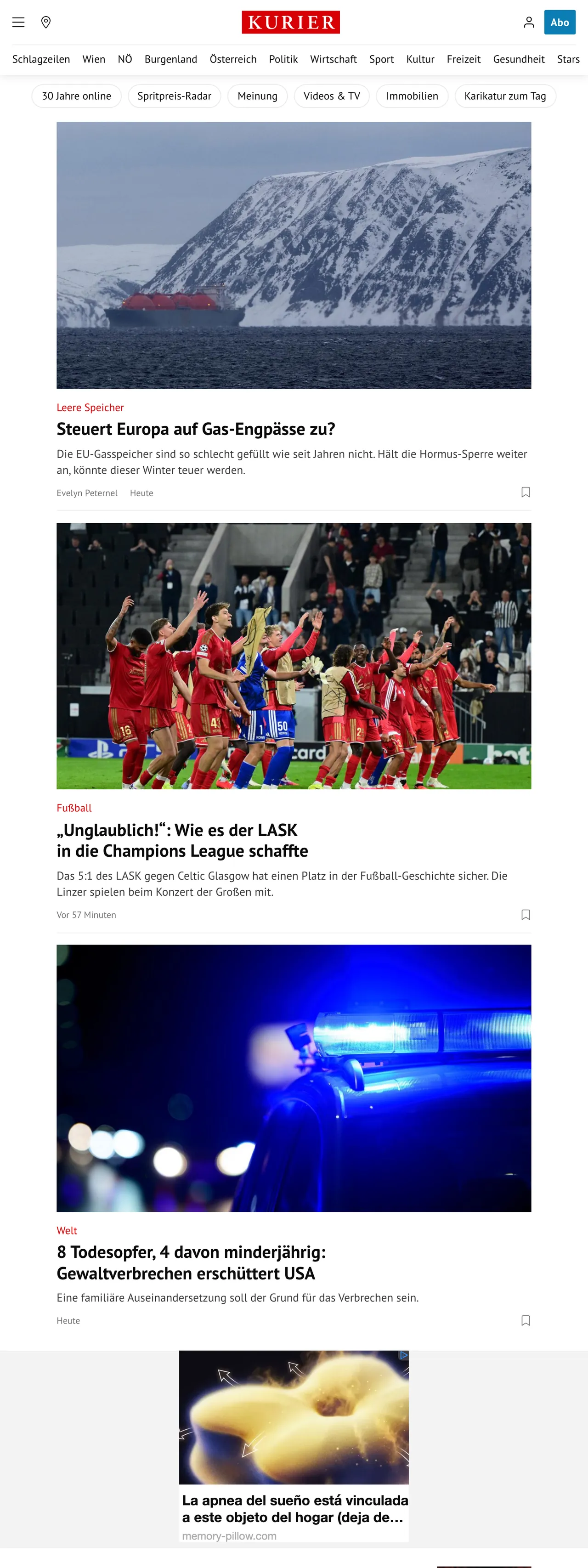Screenshot of the Kurier front page