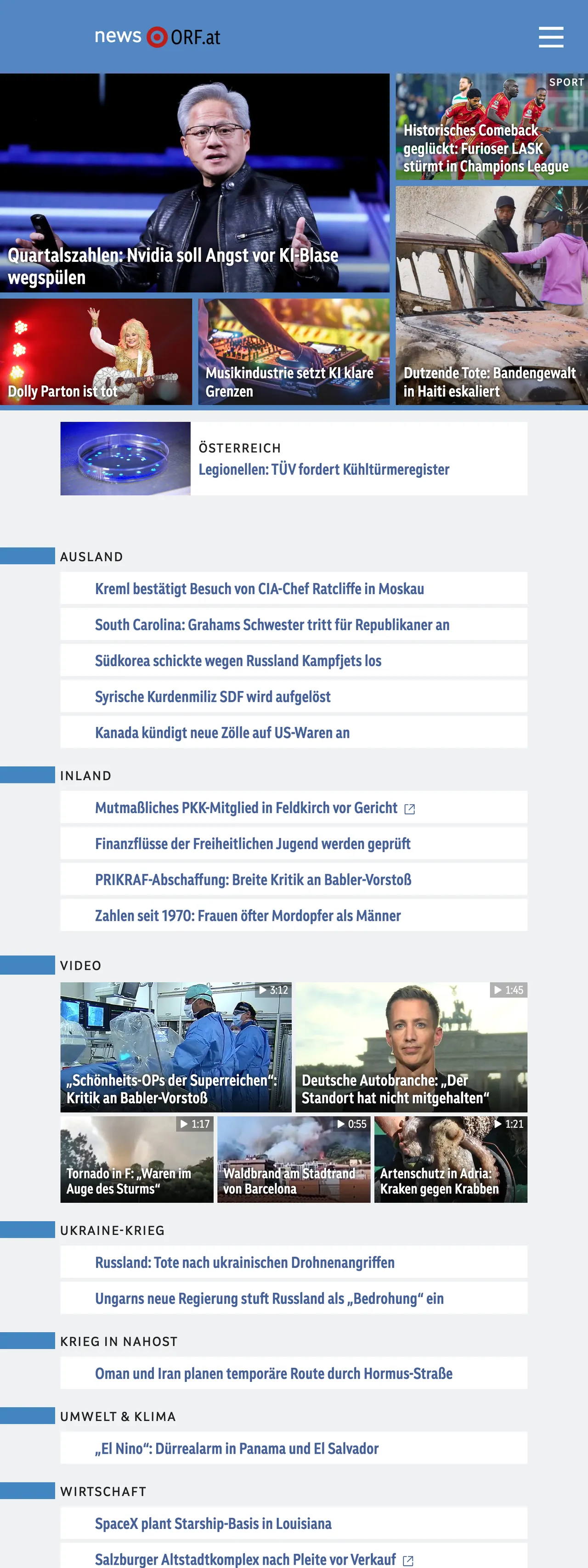 Screenshot of the ORF front page