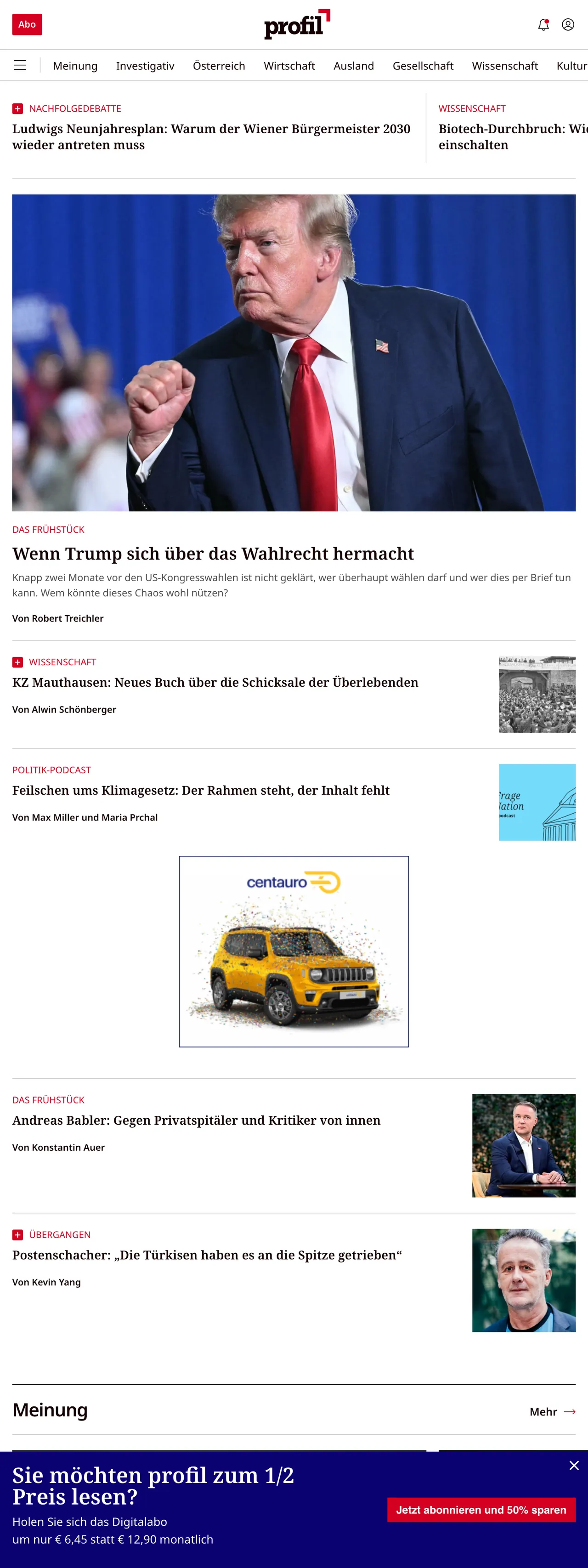 Screenshot of the profil front page