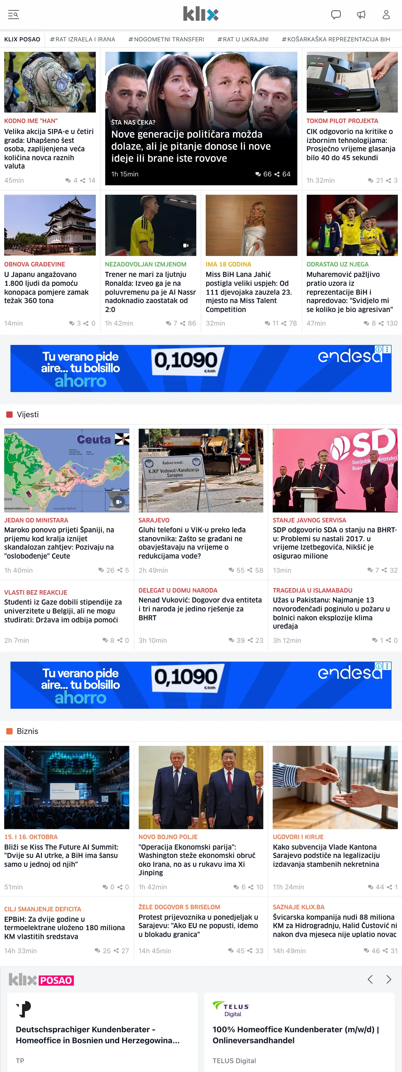 Screenshot of the Klix.ba front page