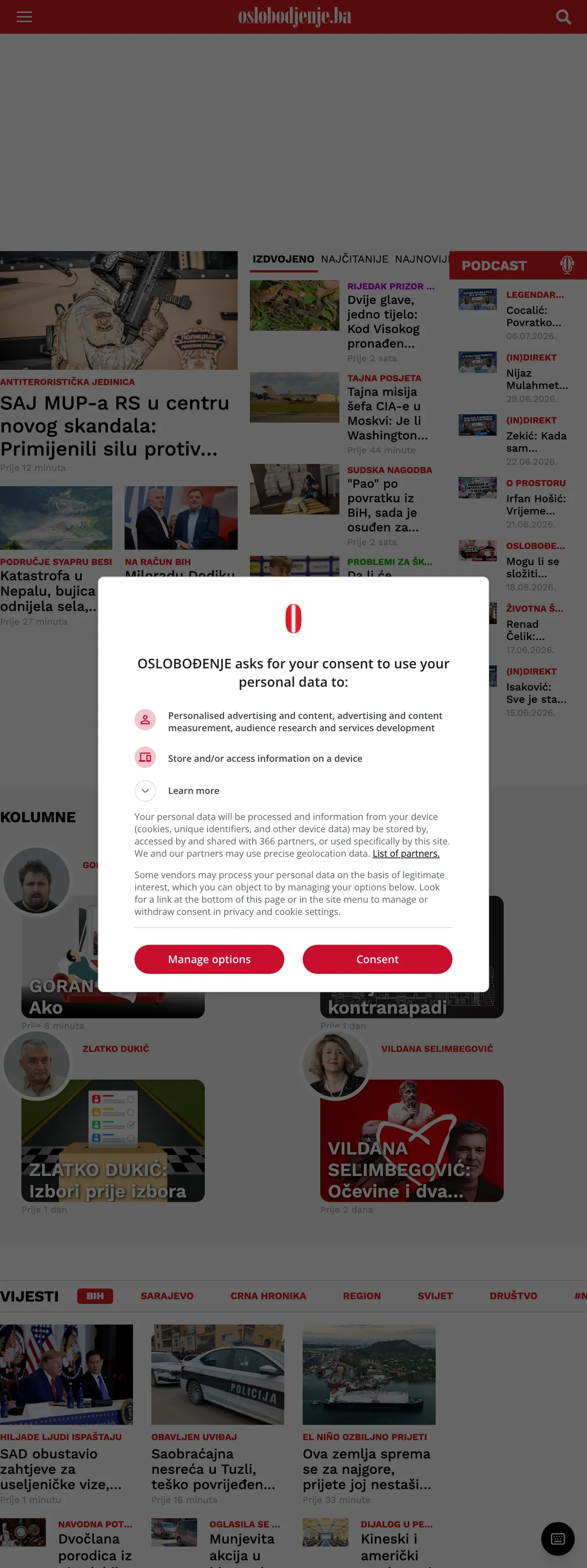 Screenshot of the Oslobođenje front page