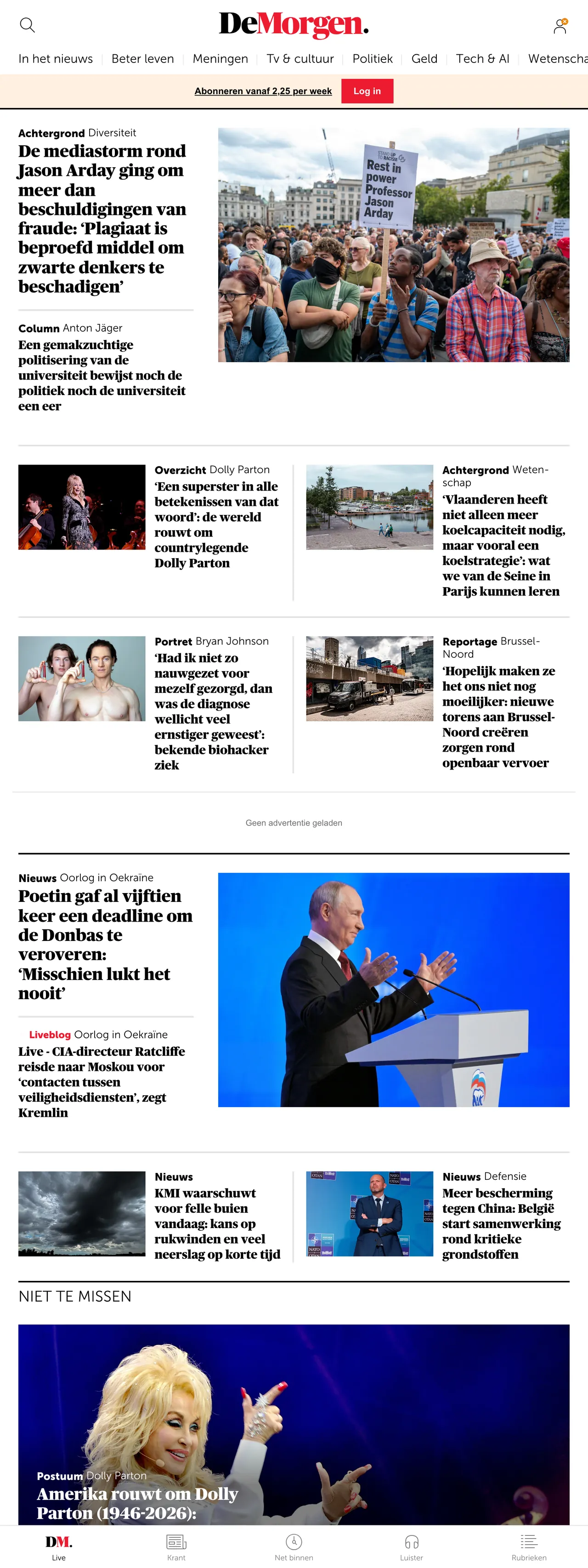 Screenshot of the De Morgen front page